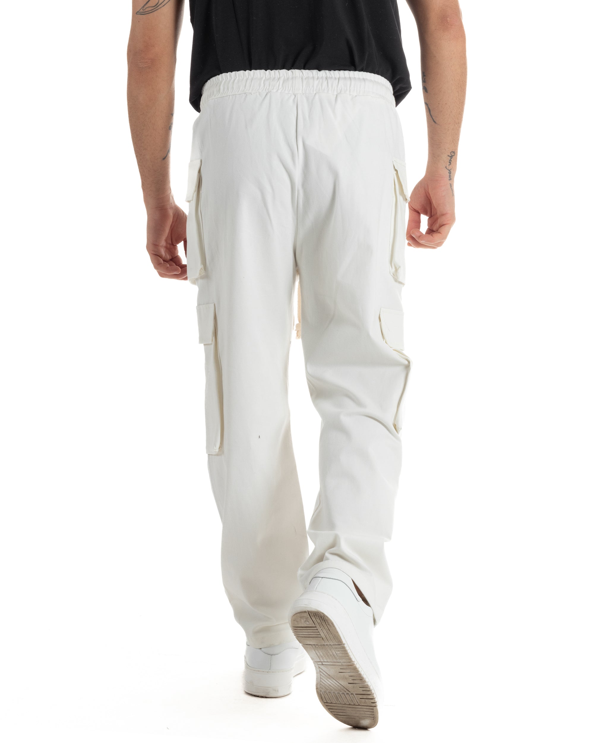 Pantaloni Uomo Pantalaccio Con Tasconi Cargo Baggy Bianco Con Coulisse Fondo Largo GIOSAL-P6007A