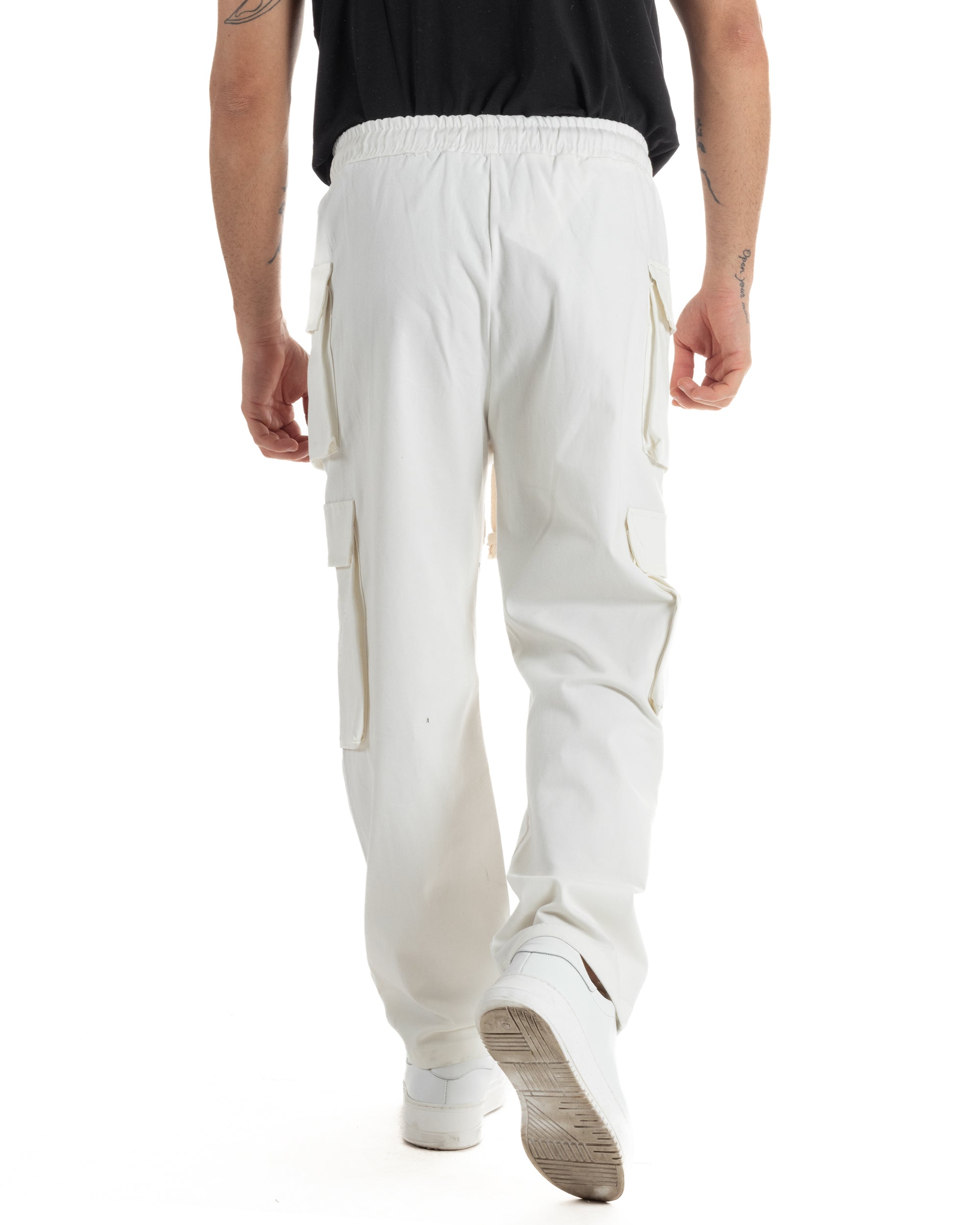 Pantaloni Uomo Pantalaccio Con Tasconi Cargo Baggy Bianco Coulisse Fondo Largo GIOSAL-P6007A