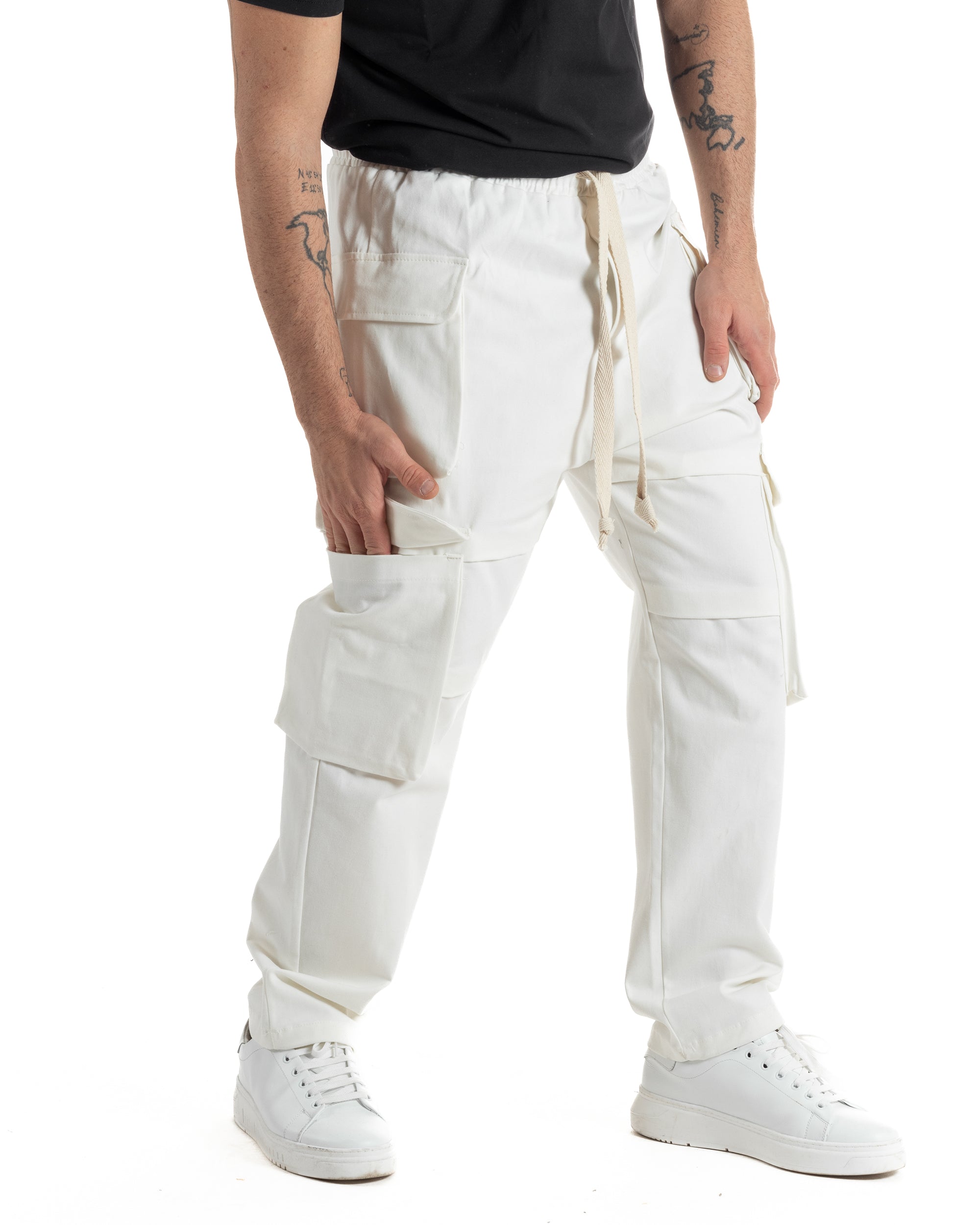Pantaloni Uomo Pantalaccio Con Tasconi Cargo Baggy Bianco Con Coulisse Fondo Largo GIOSAL-P6007A