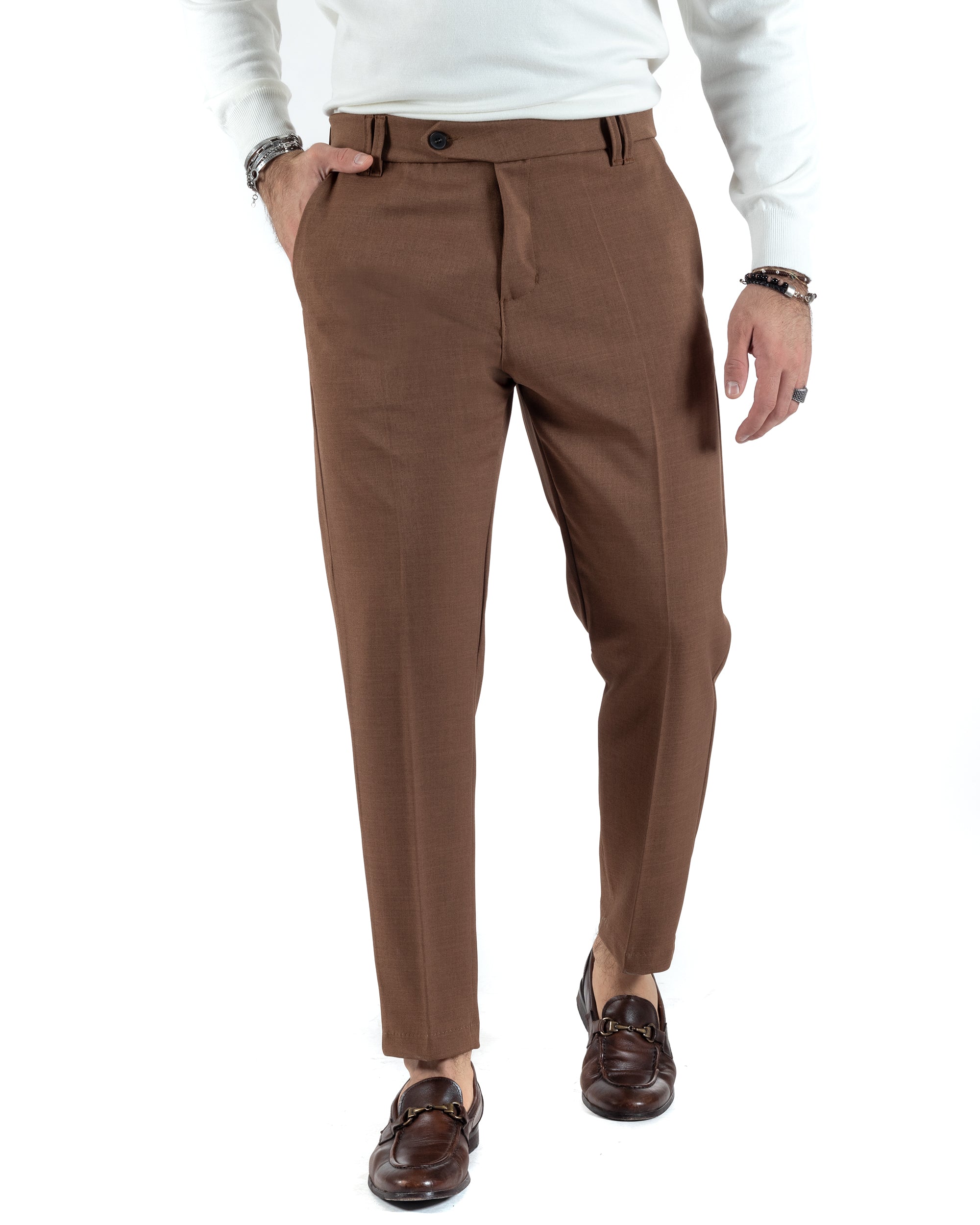 Pantaloni Uomo Viscosa Tasca America Classico Abbottonatura Allungata Casual Marrone GIOSAL-P6008A