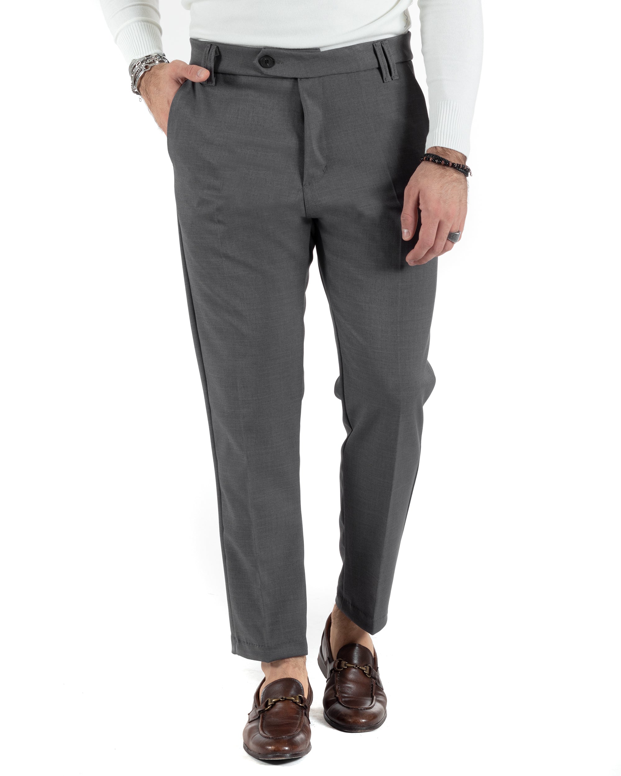 Pantaloni Uomo Viscosa Tasca America Classico Abbottonatura Allungata Casual Grigio GIOSAL-P6009A