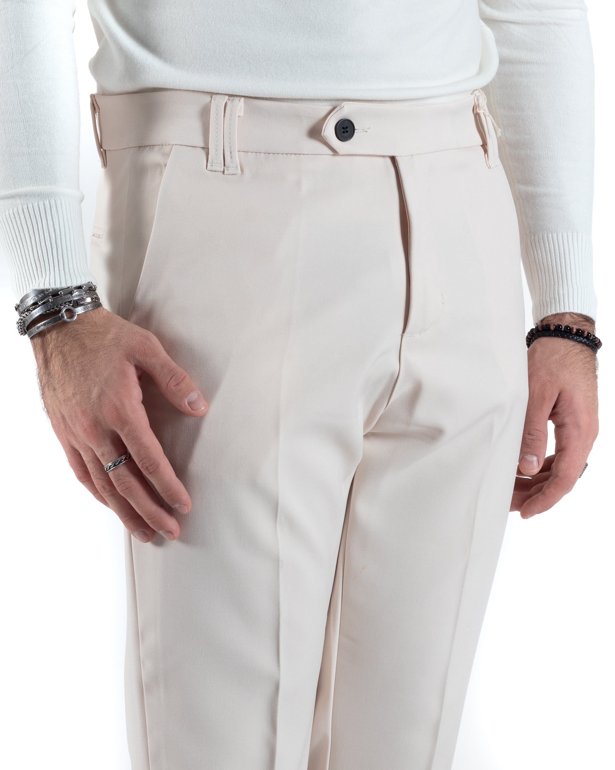 Pantaloni Uomo Viscosa Tasca America Classico Abbottonatura Allungata Casual Panna GIOSAL-P6012A