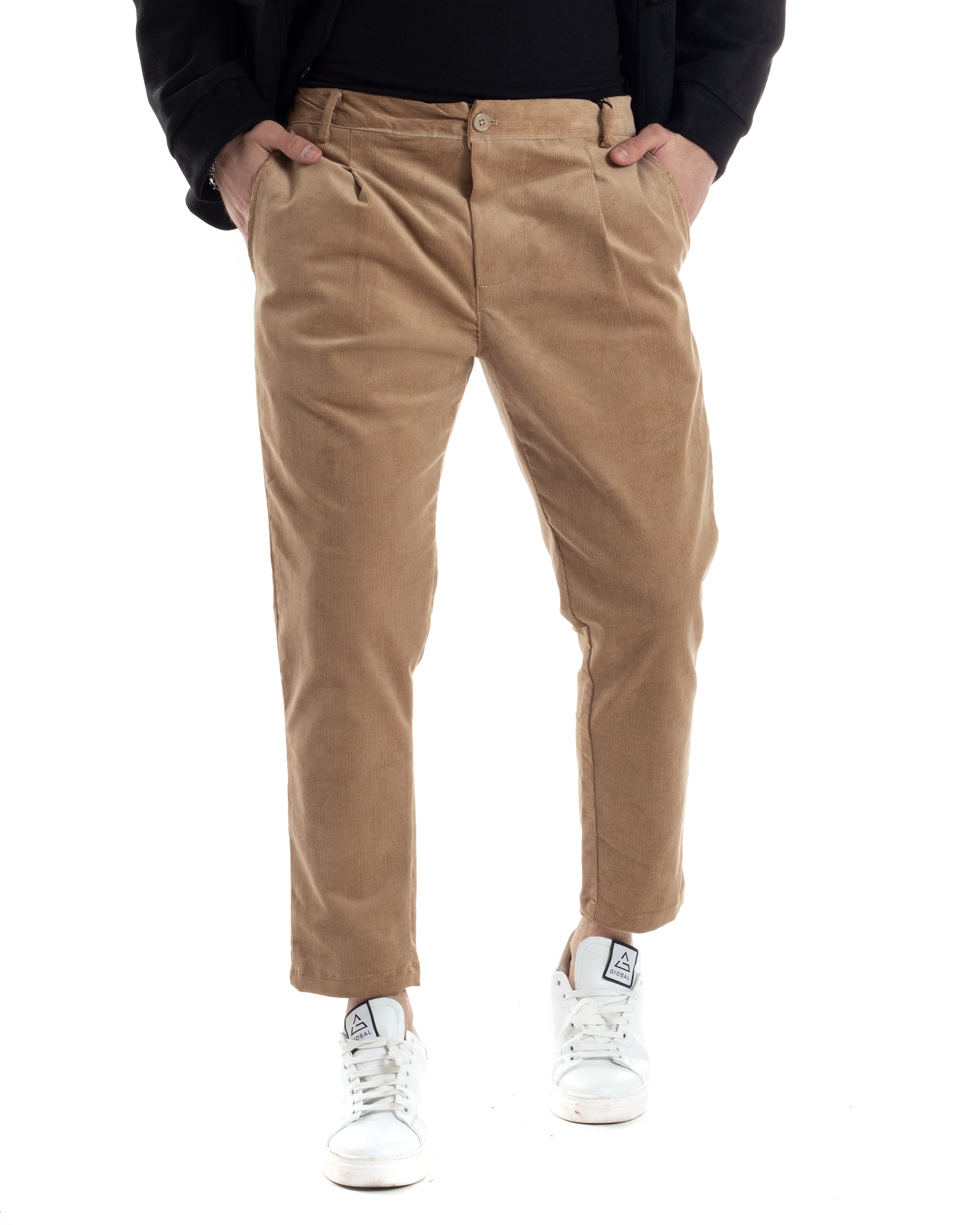 Pantaloni Uomo Tasca America Con Pinces Classico Velluto Costine Beige Casual GIOSAL-P6031A