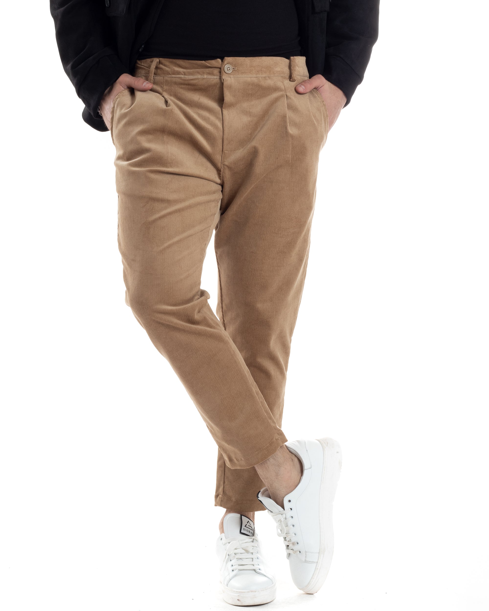 Pantaloni Uomo Tasca America Con Pinces Classico Velluto Costine Beige Casual GIOSAL-P6031A