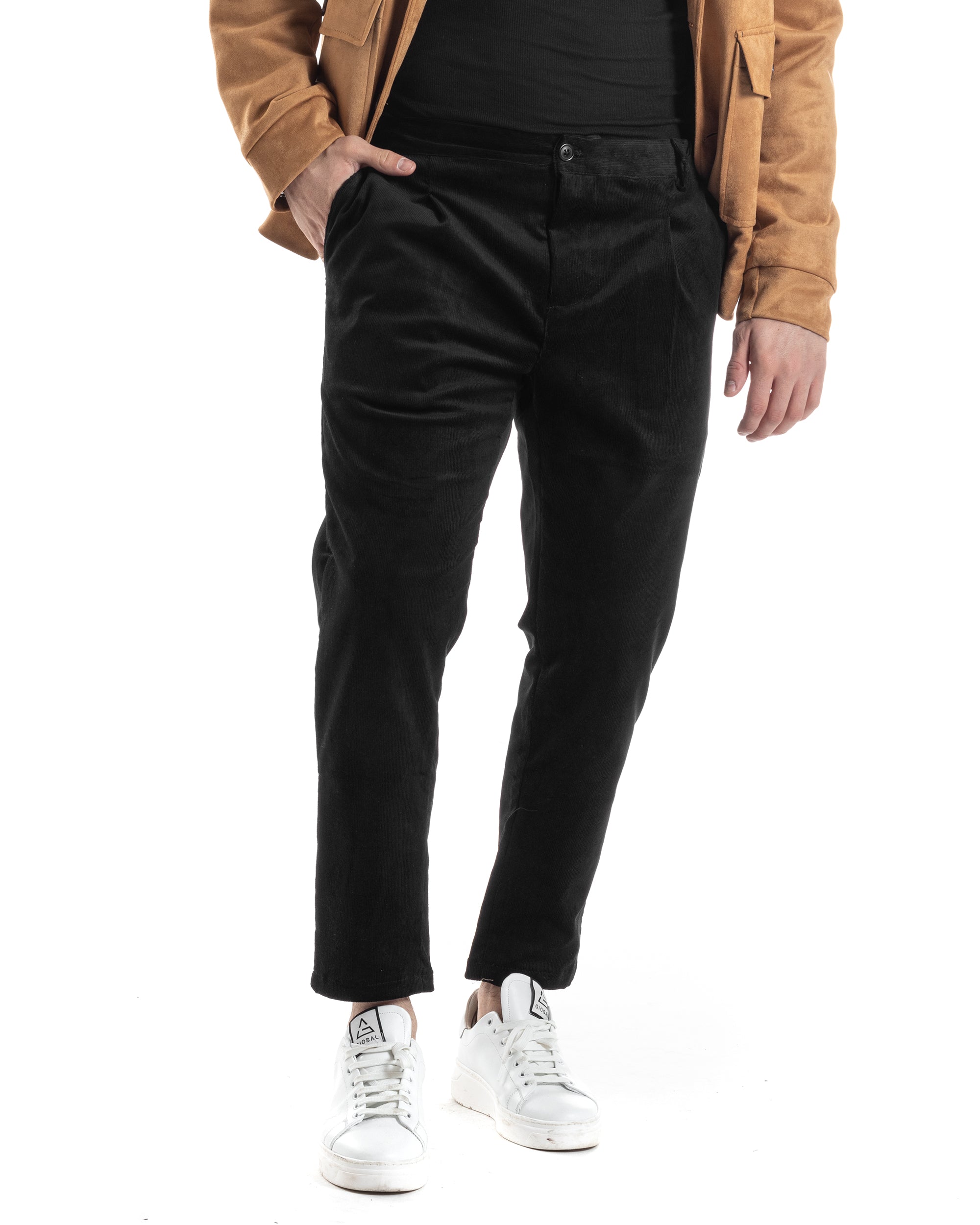 Pantaloni Uomo Tasca America Con Pinces Classico Velluto Costine Nero Casual GIOSAL-P6032A