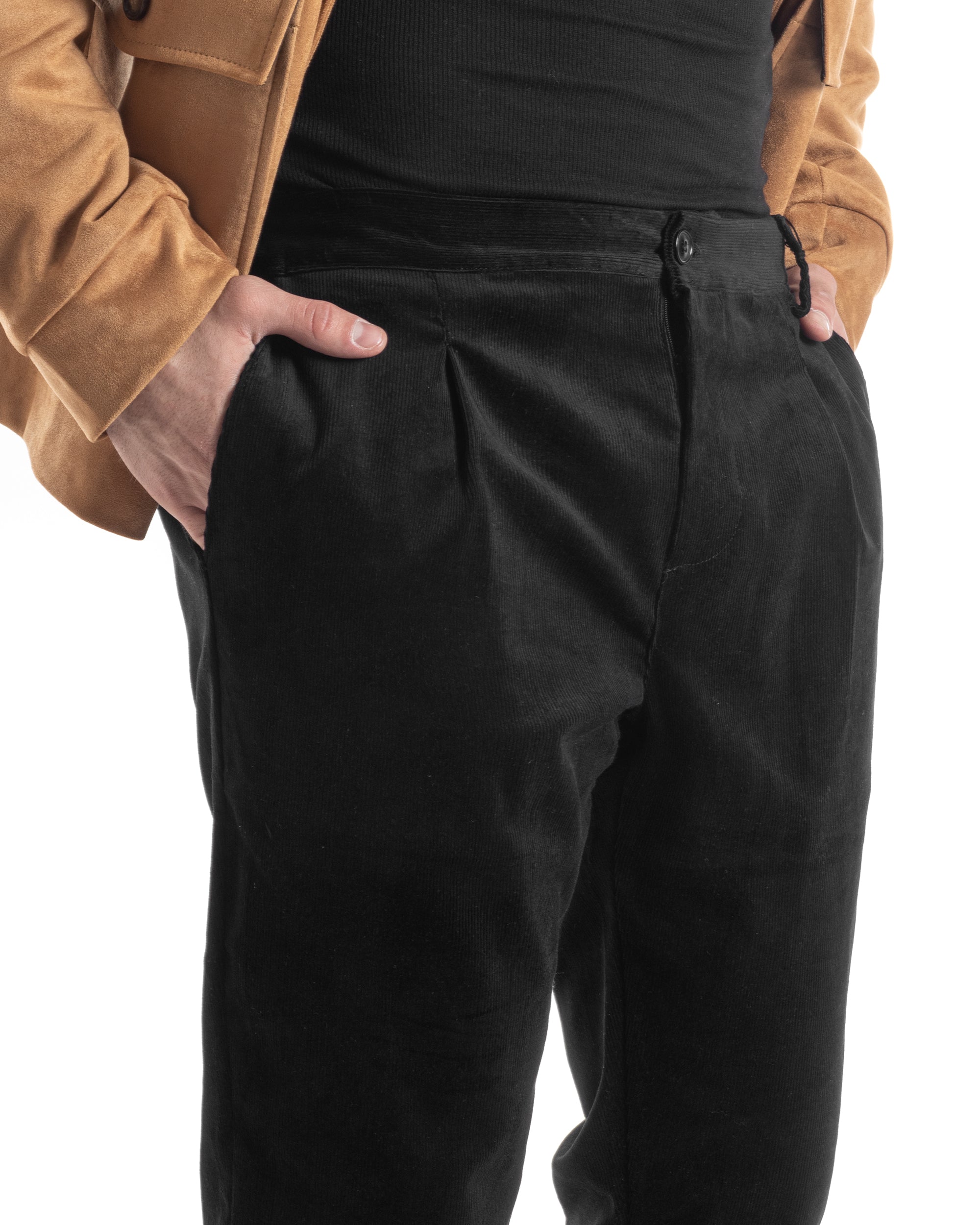 Pantaloni Uomo Tasca America Con Pinces Classico Velluto Costine Nero Casual GIOSAL-P6032A