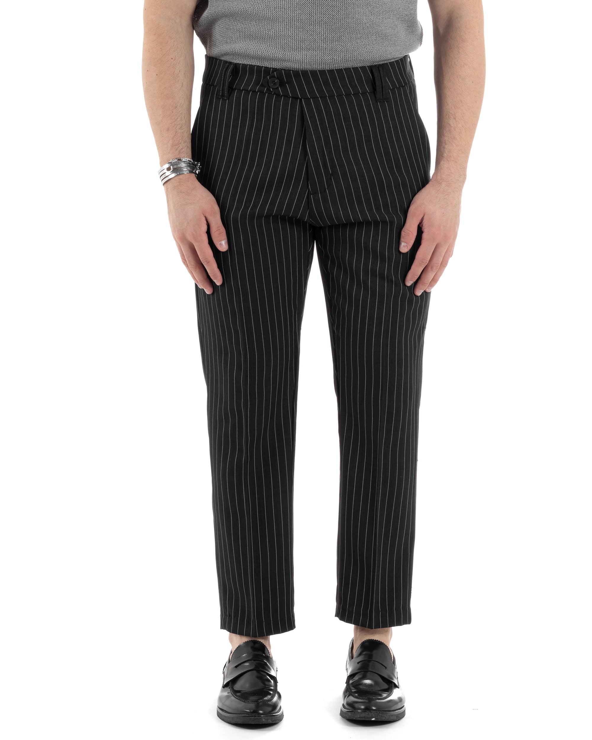 Pantaloni Uomo Gessati Viscosa Tasca America Rigato Classico Abbottonatura Allungata Casual Nero GIOSAL-P6034A