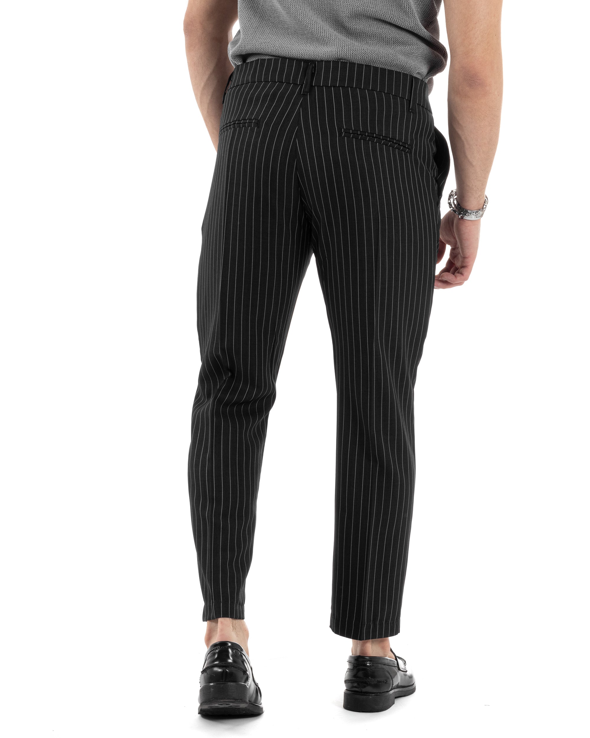 Pantaloni Uomo Gessati Viscosa Con Tasca America Rigato Classico Con Abbottonatura Allungata Casual Nero GIOSAL-P6034A