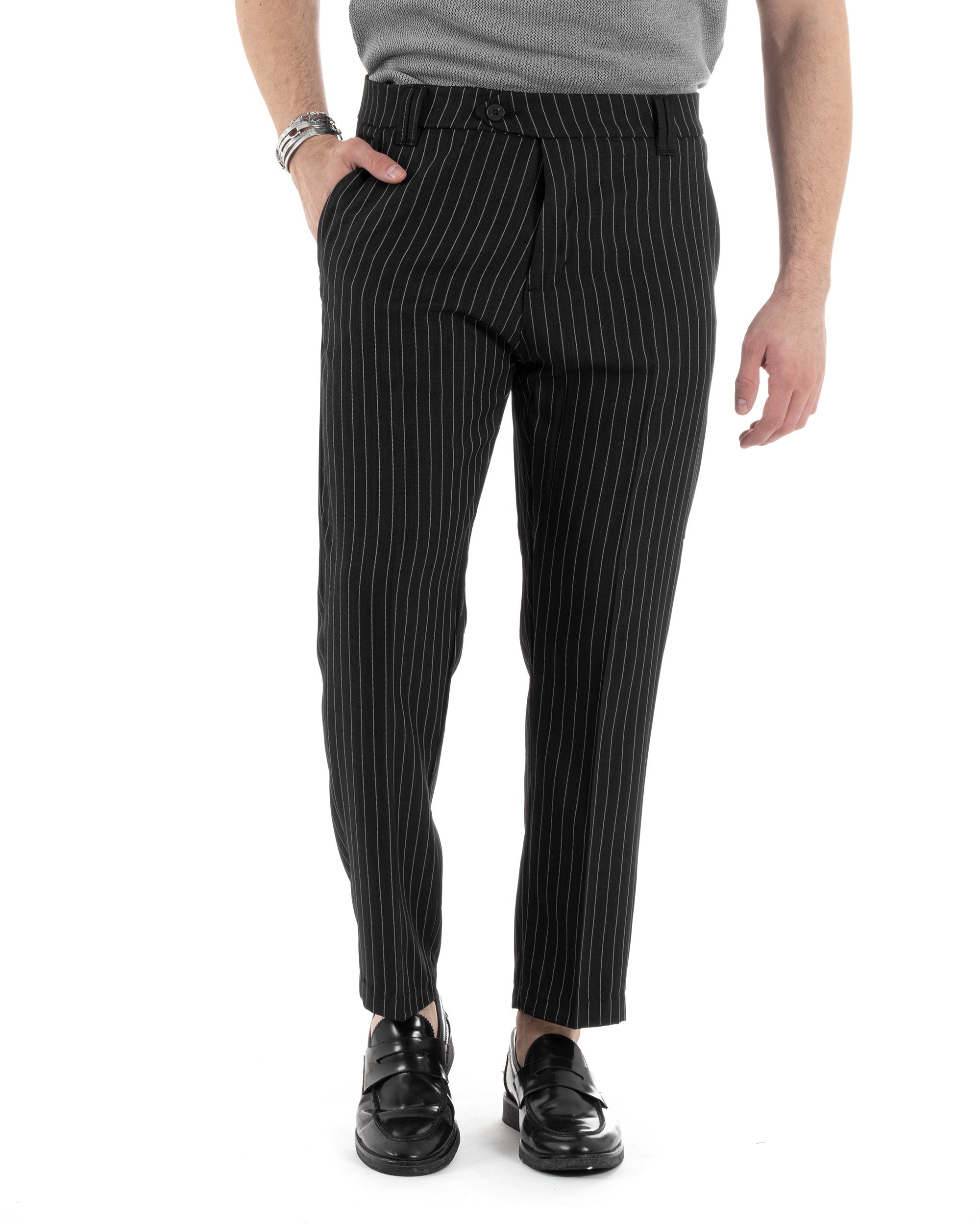 Pantaloni Uomo Gessati Viscosa Con Tasca America Rigato Classico Con Abbottonatura Allungata Casual Nero GIOSAL-P6034A