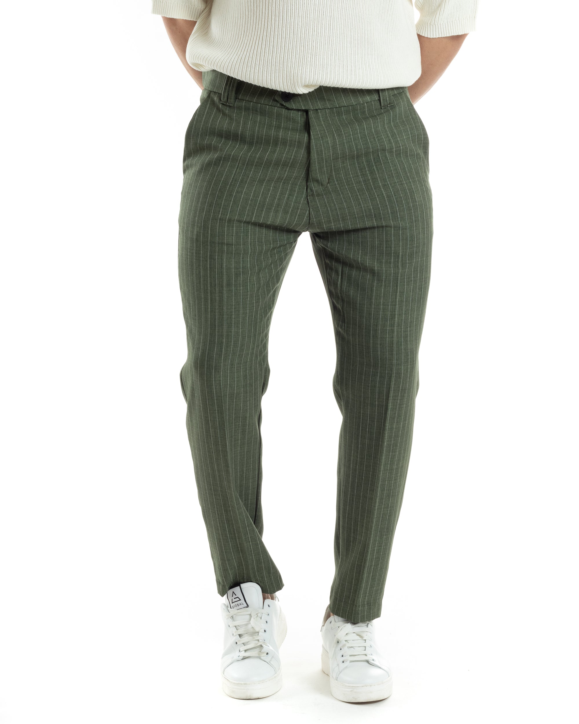 Pantaloni Uomo Gessati Viscosa Con Tasca America Rigato Classico Con Abbottonatura Allungata Casual Verde GIOSAL-P6037A