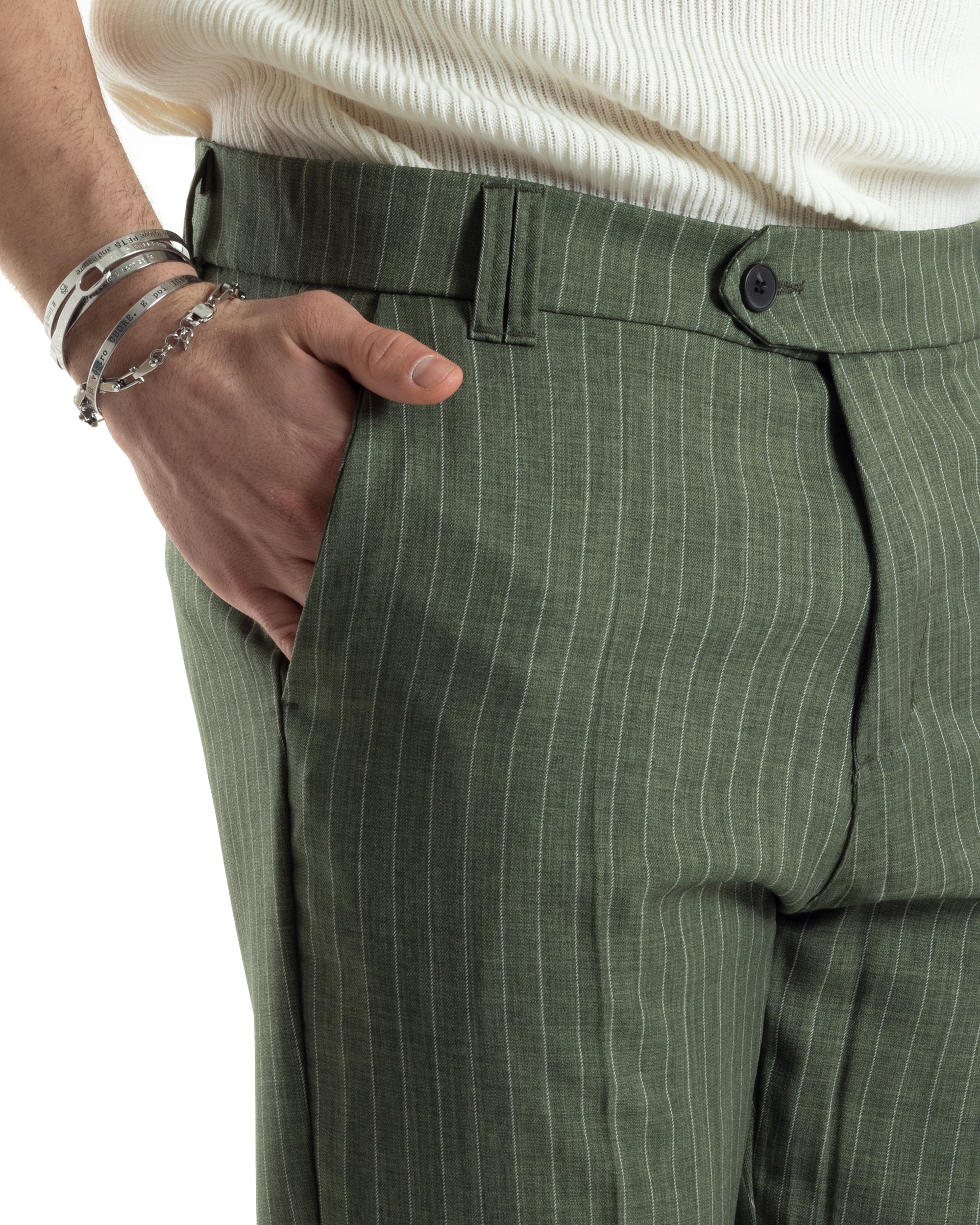 Pantaloni Uomo Gessati Viscosa Con Tasca America Rigato Classico Con Abbottonatura Allungata Casual Verde GIOSAL-P6037A