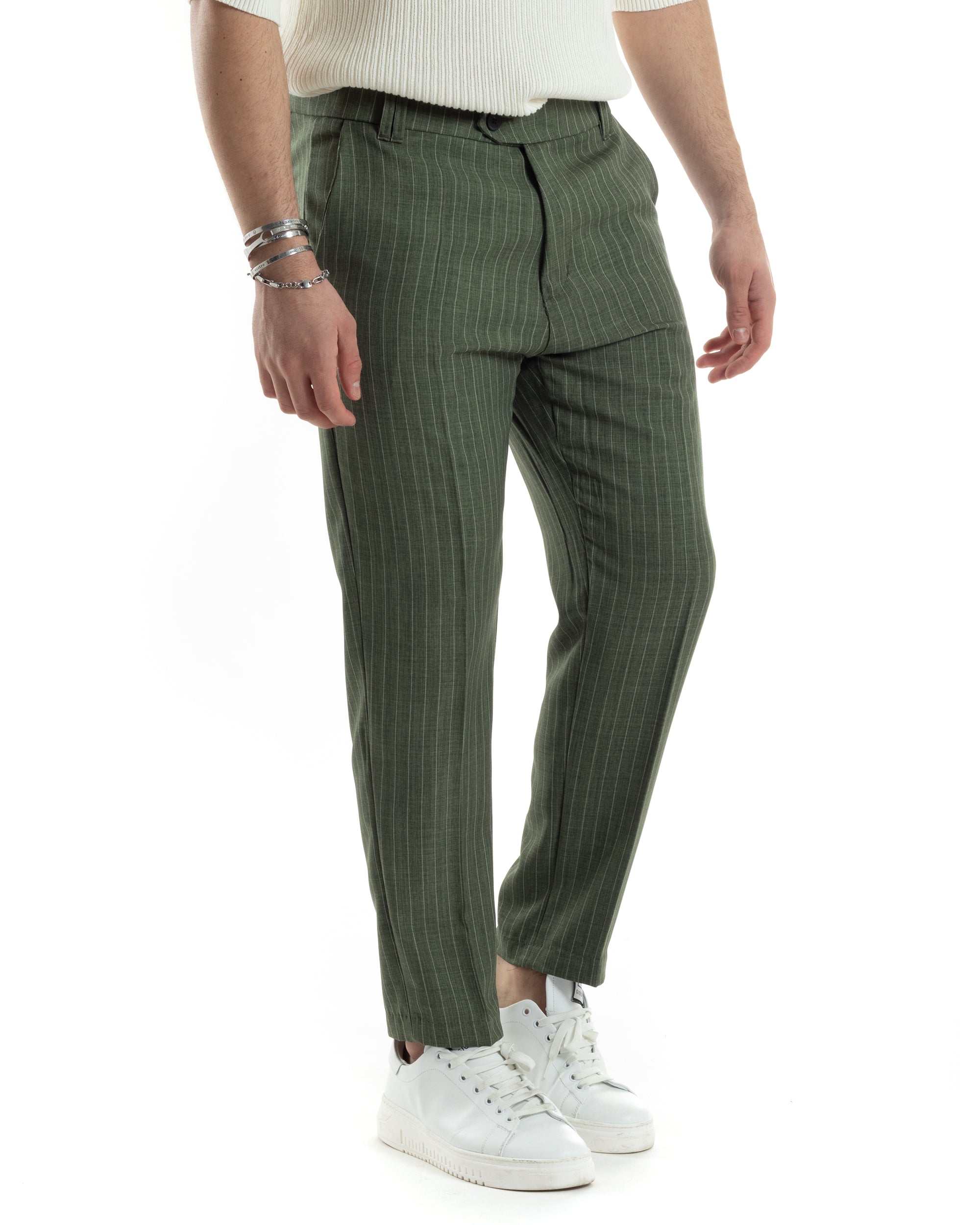 Pantaloni Uomo Gessati Viscosa Con Tasca America Rigato Classico Con Abbottonatura Allungata Casual Verde GIOSAL-P6037A