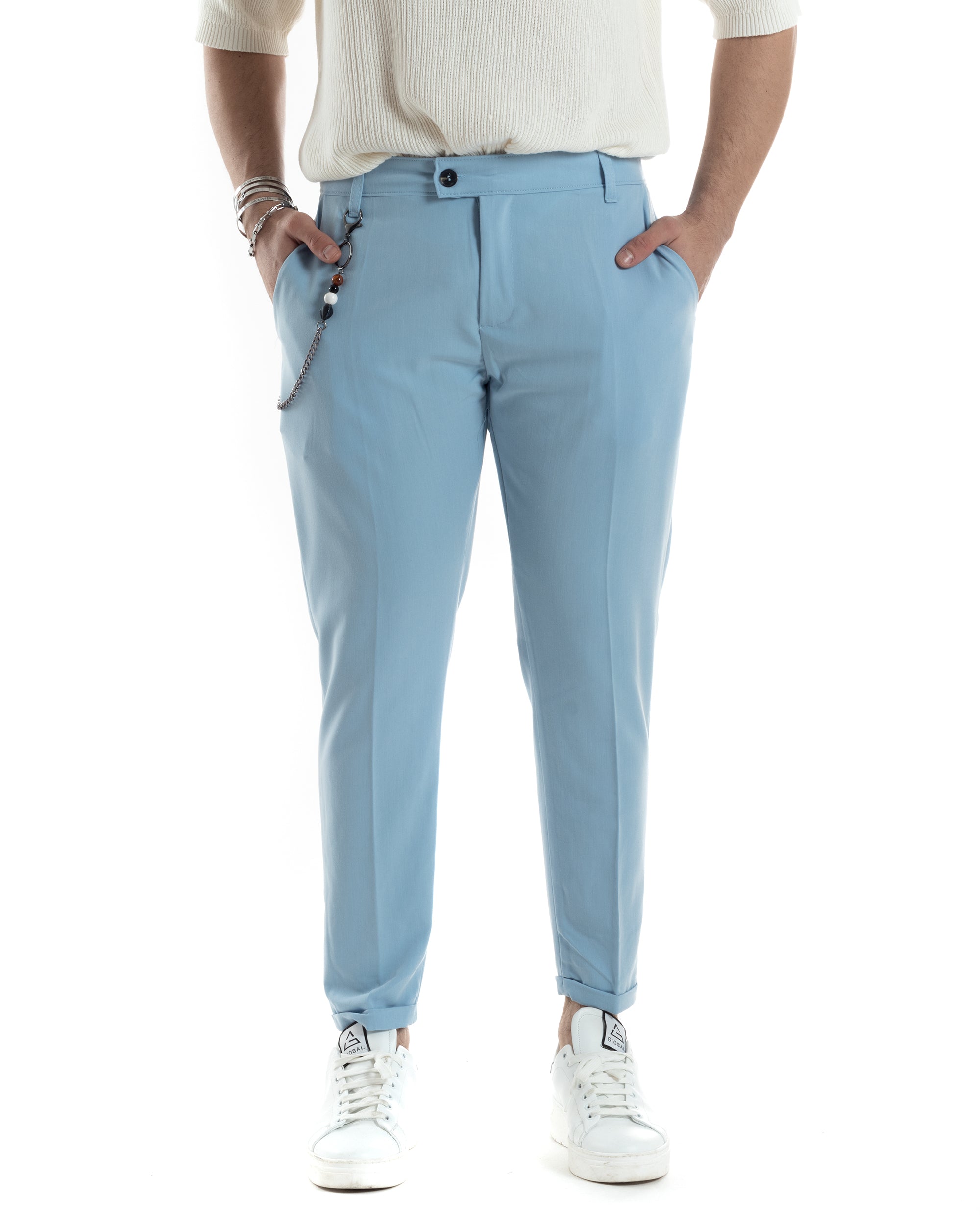 Pantaloni Uomo Viscosa Tasca America Classico Abbottonatura Allungata Casual Celeste GIOSAL-P6044A