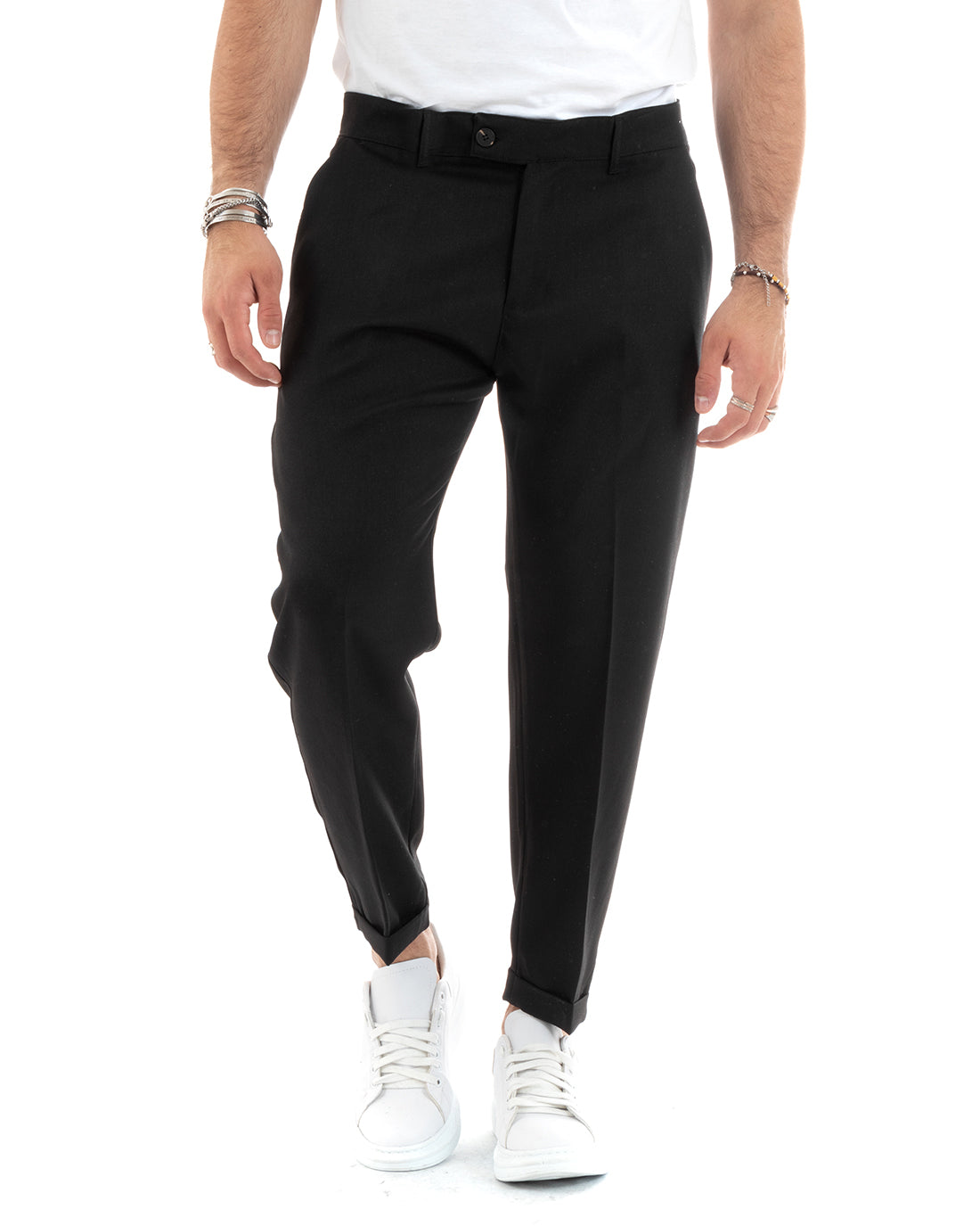 Pantaloni Uomo Tasca America Classico Nero Melangiato Abbottonatura Allungata Casual GIOSAL-P6049A