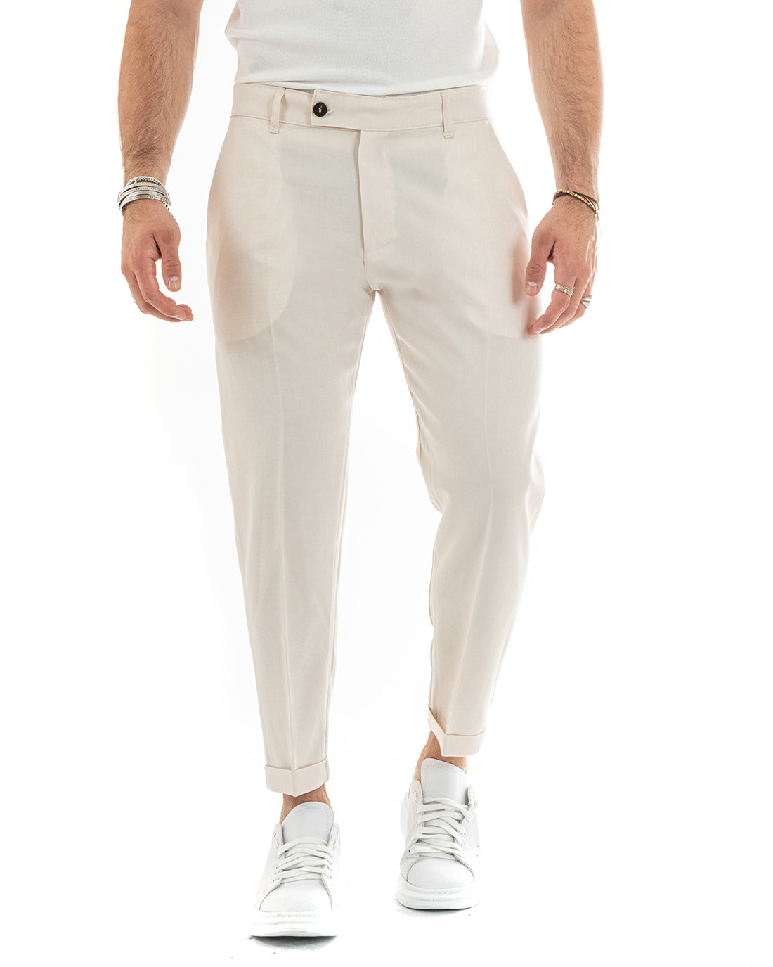 Pantaloni Uomo Tasca America Classico Beige Melangiato Abbottonatura Allungata Casual GIOSAL-P6050A