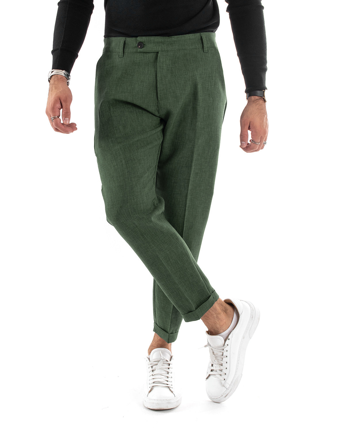 Pantaloni Uomo Tasca America Classico Verde Melangiato Abbottonatura Allungata Casual GIOSAL-P6051A