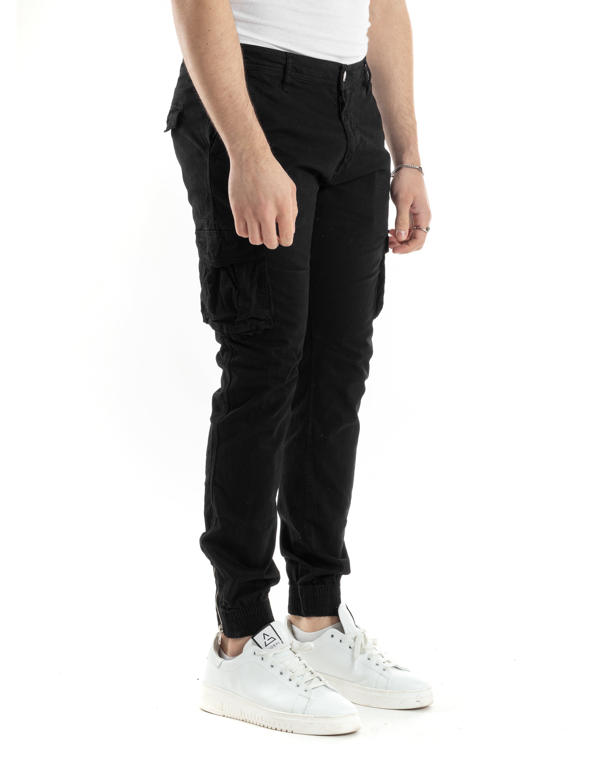 Pantaloni Uomo Cargo Con Tasconi E Zip Multitasche Elastico Al Fondo Nero GIOSAL-P6053A