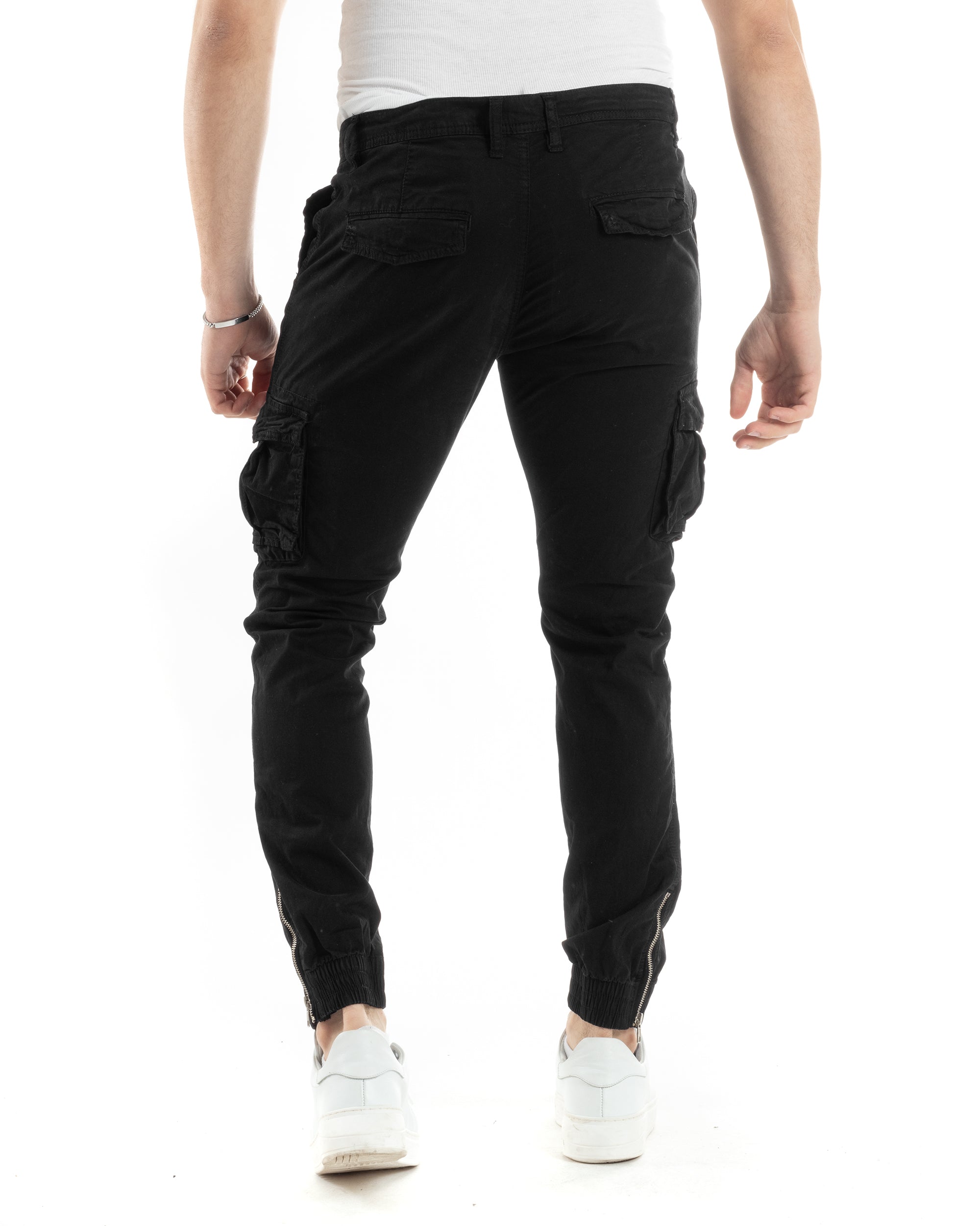 Pantaloni Uomo Cargo Con Tasconi E Zip Multitasche Elastico Al Fondo Nero GIOSAL-P6053A