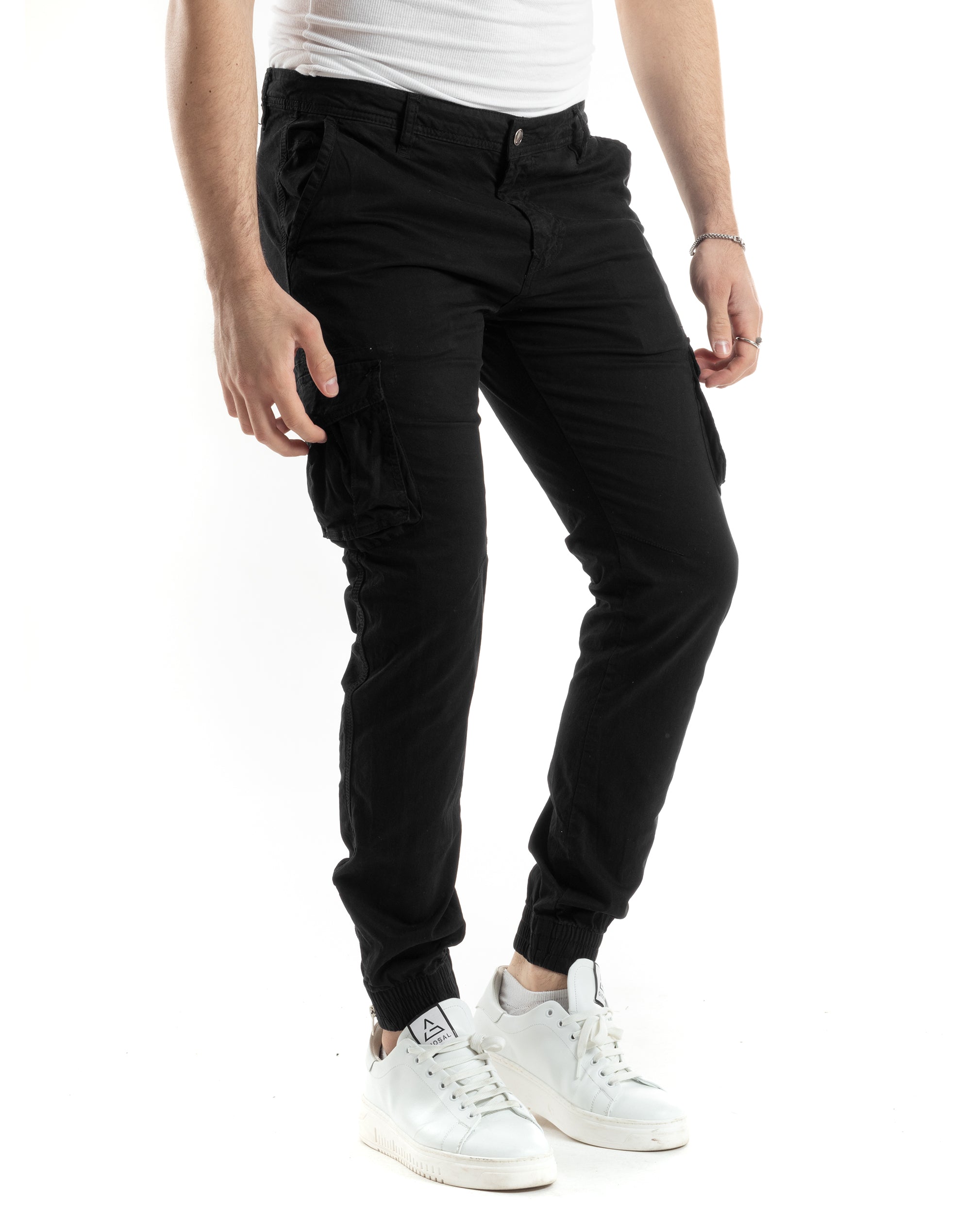 Pantaloni Uomo Cargo Con Tasconi E Zip Multitasche Elastico Al Fondo Nero GIOSAL-P6053A