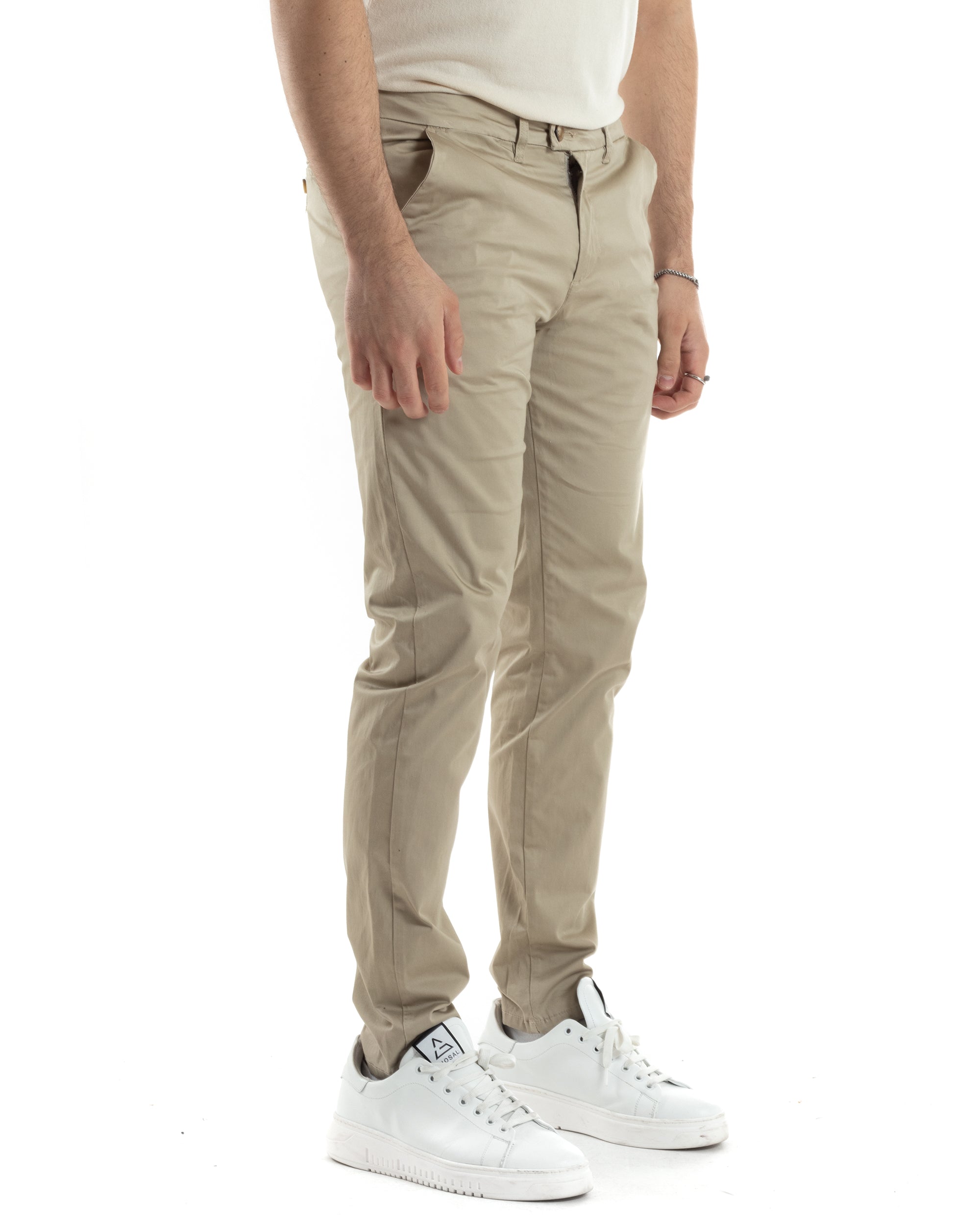 Pantaloni Uomo Cotone Raso Con Tasca America Slim Fit Con Abbottonatura Allungata Casual Tinta Unita Beige GIOSAL-P6060A