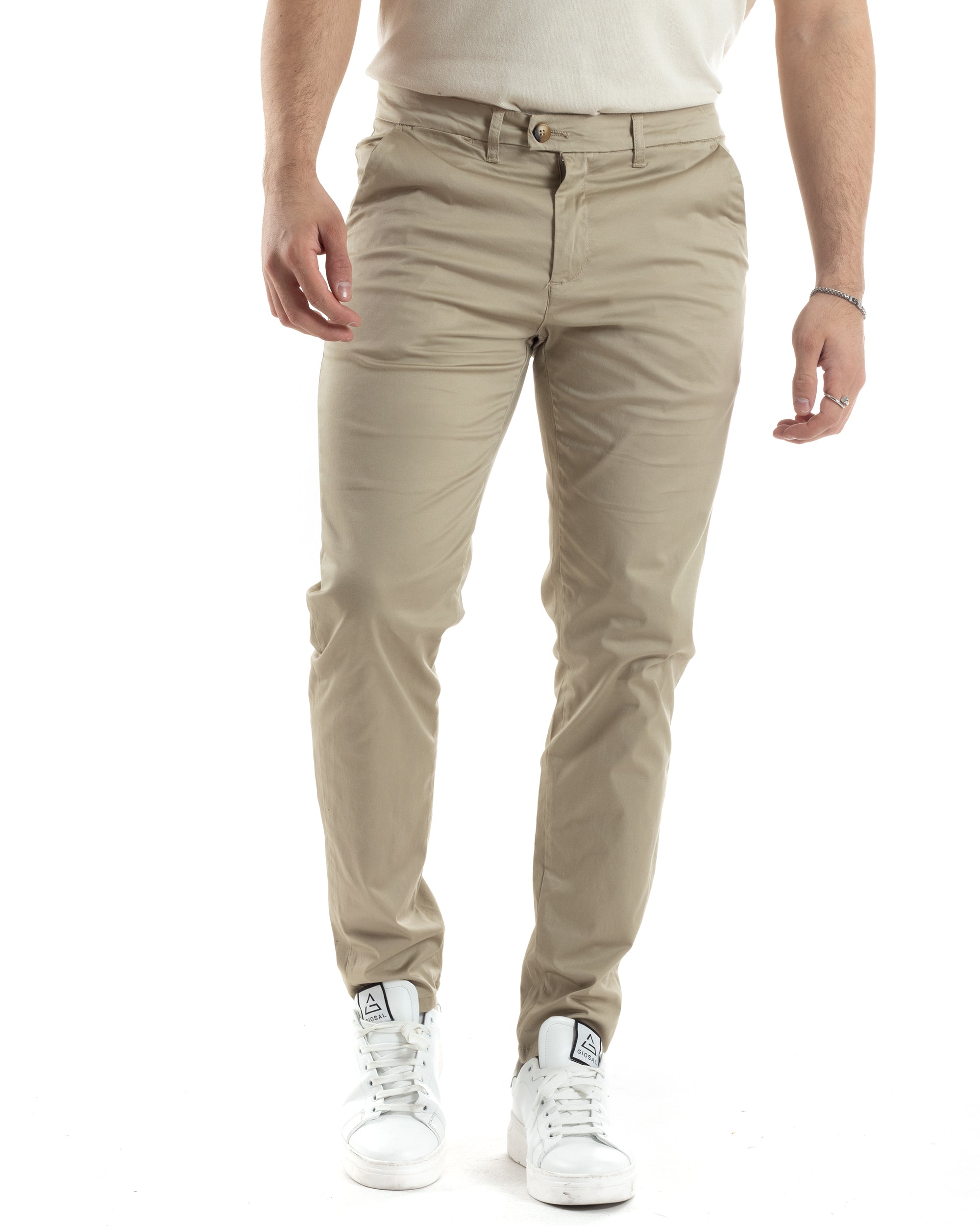 Pantaloni Uomo Cotone Raso Con Tasca America Slim Fit Con Abbottonatura Allungata Casual Tinta Unita Beige GIOSAL-P6060A