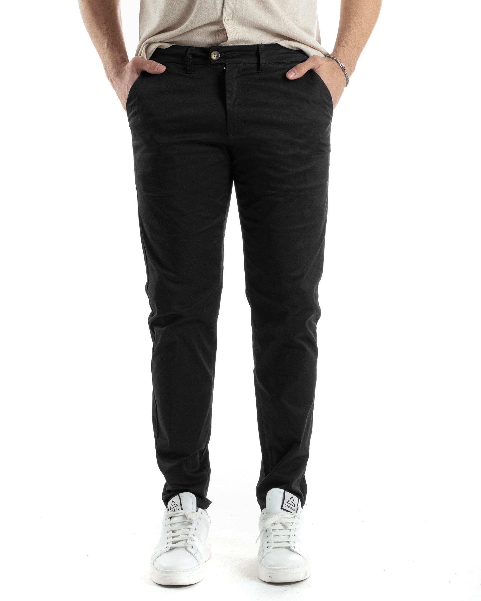 Pantaloni Uomo Cotone Raso Con Tasca America Slim Fit Con Abbottonatura Allungata Casual Tinta Unita Nero GIOSAL-P6061A