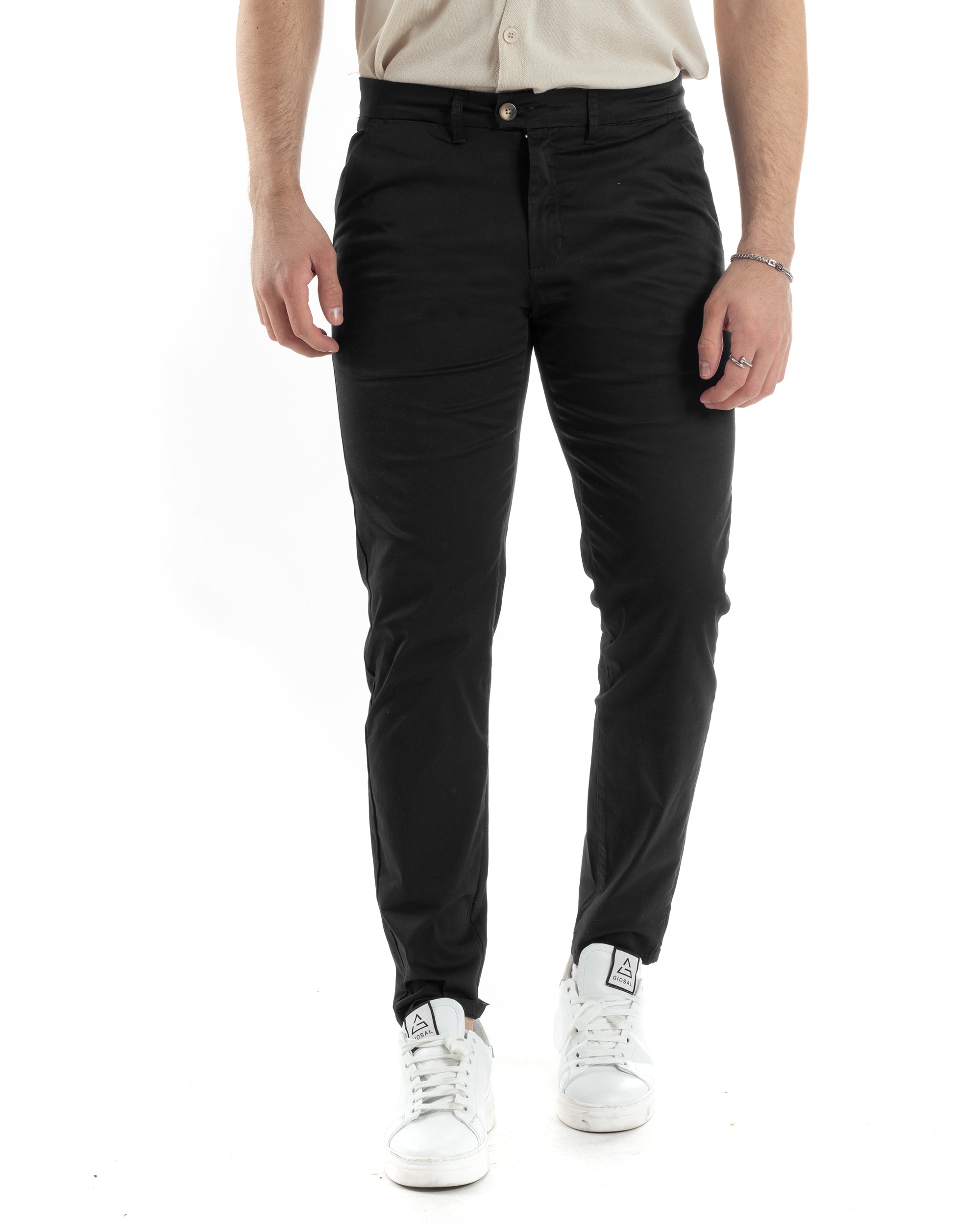 Pantaloni Uomo Cotone Raso Con Tasca America Slim Fit Con Abbottonatura Allungata Casual Tinta Unita Nero GIOSAL-P6061A