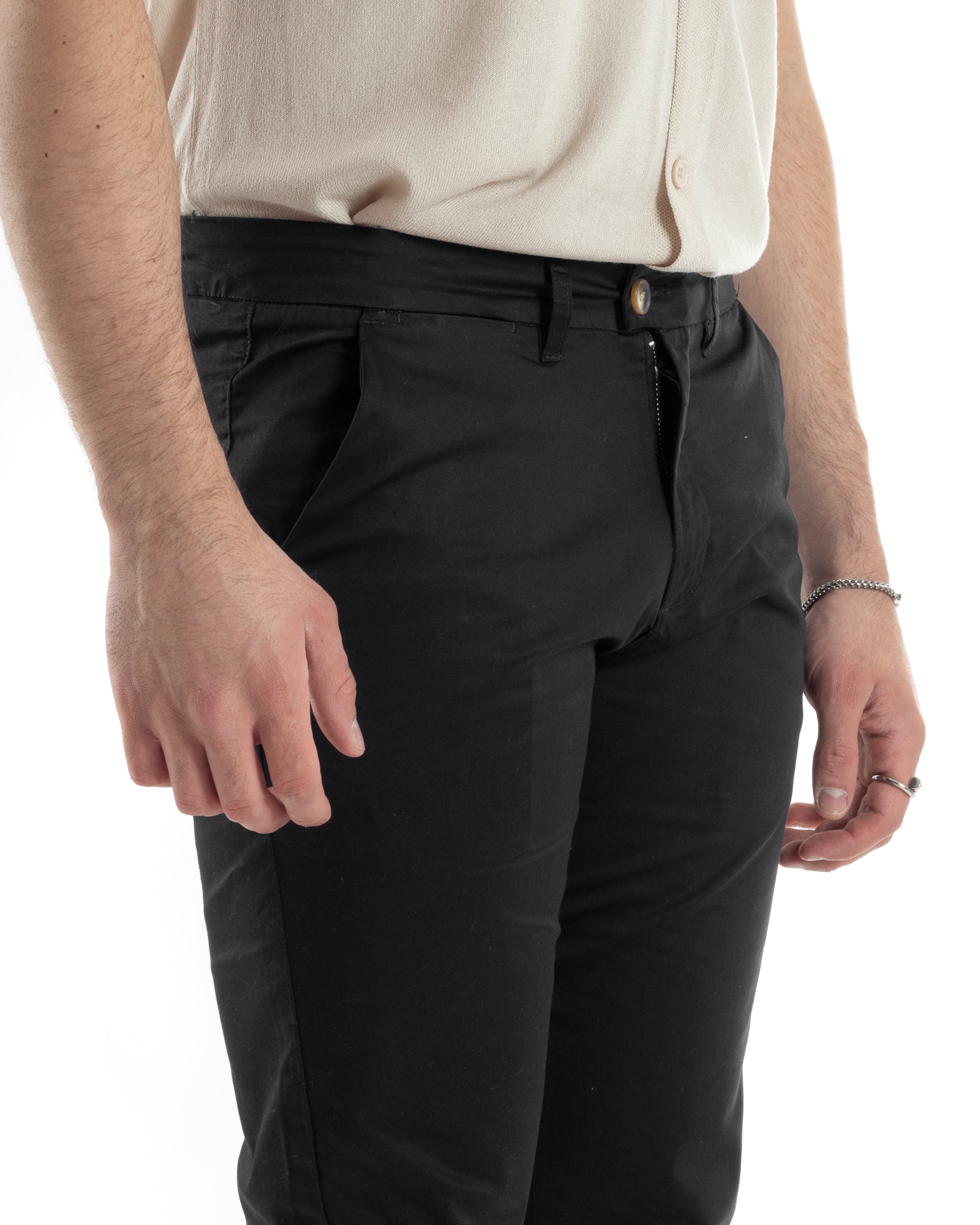 Pantaloni Uomo Cotone Raso Con Tasca America Slim Fit Con Abbottonatura Allungata Casual Tinta Unita Nero GIOSAL-P6061A