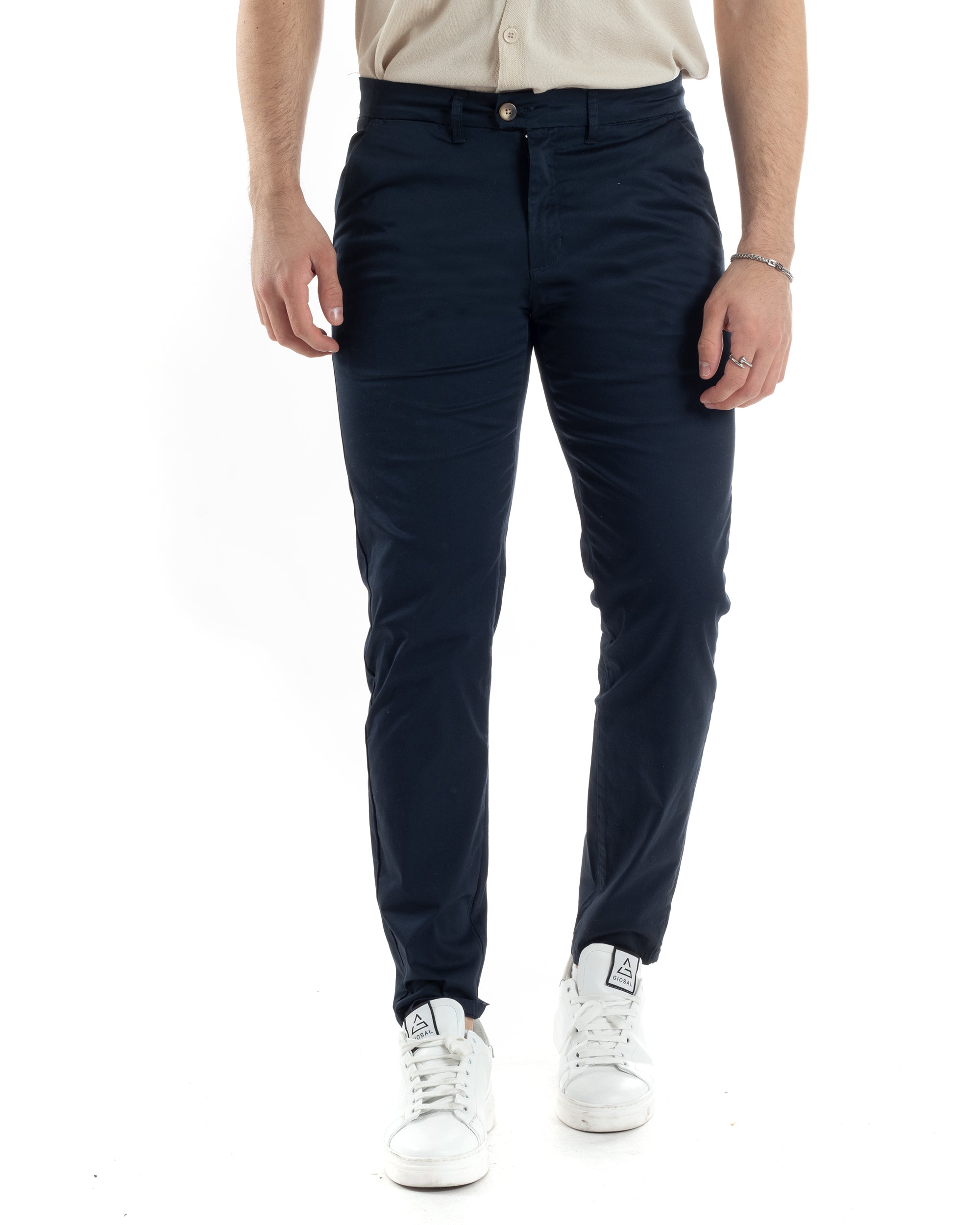 Pantaloni Uomo Cotone Raso Tasca America Slim Fit Abbottonatura Allungata Tinta Unita Blu GIOSAL-P6063A