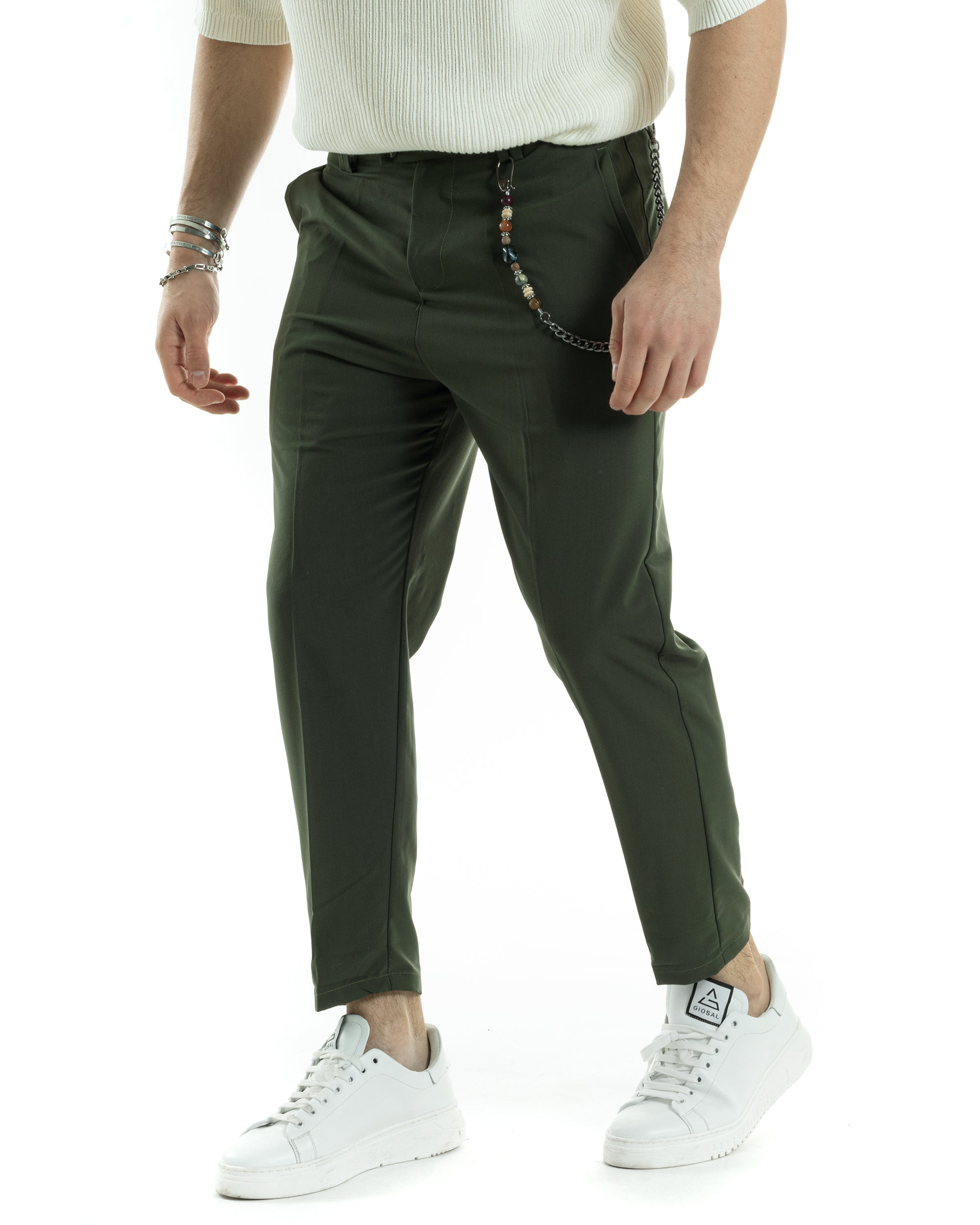 Pantaloni Uomo Viscosa Tasca America Verde Abbottonatura Allungata Capri Sartoriale GIOSAL-P6065A