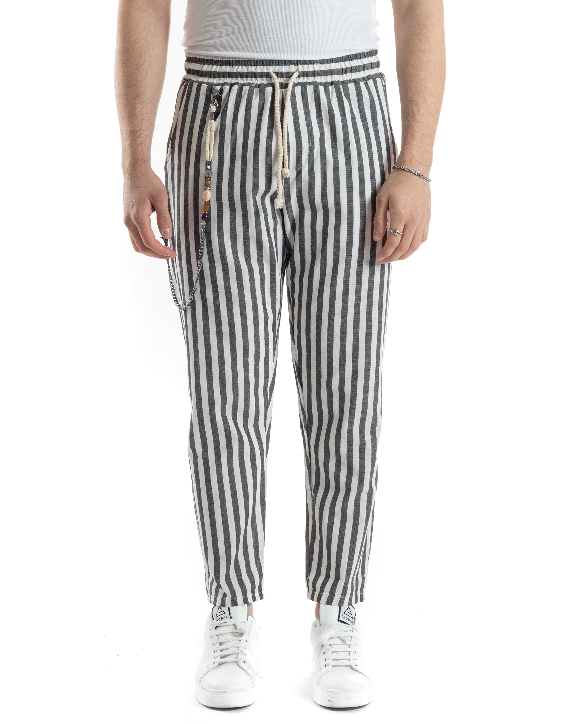 Pantaloni Uomo Pantalaccio Lino Jogger Elastico Sartoriale Casual Rigato Bicolore Bianco Nero GIOSAL-P6069A