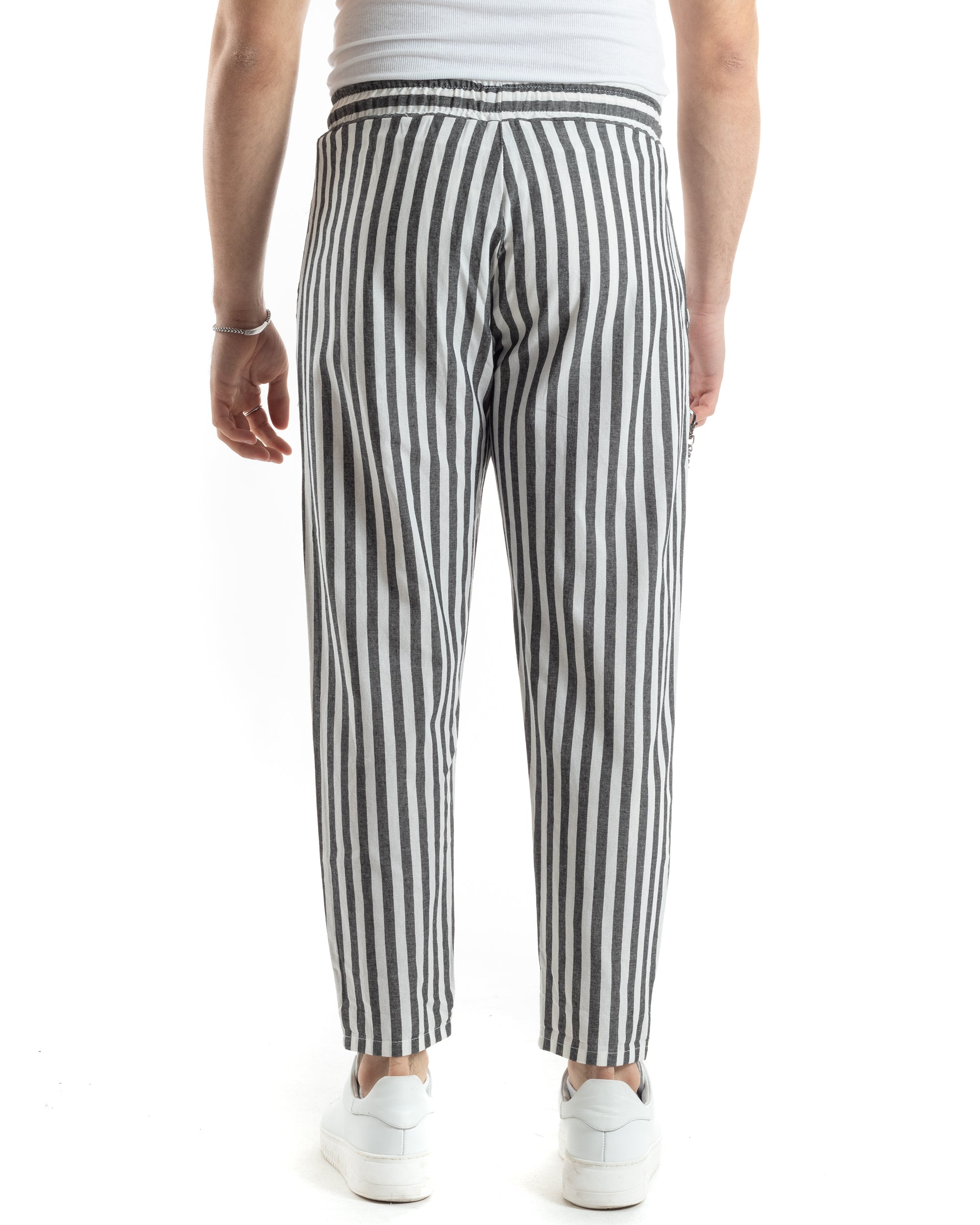 Pantaloni Uomo Pantalaccio Lino Jogger Elastico Sartoriale Casual Rigato Bicolore Bianco Nero GIOSAL-P6069A