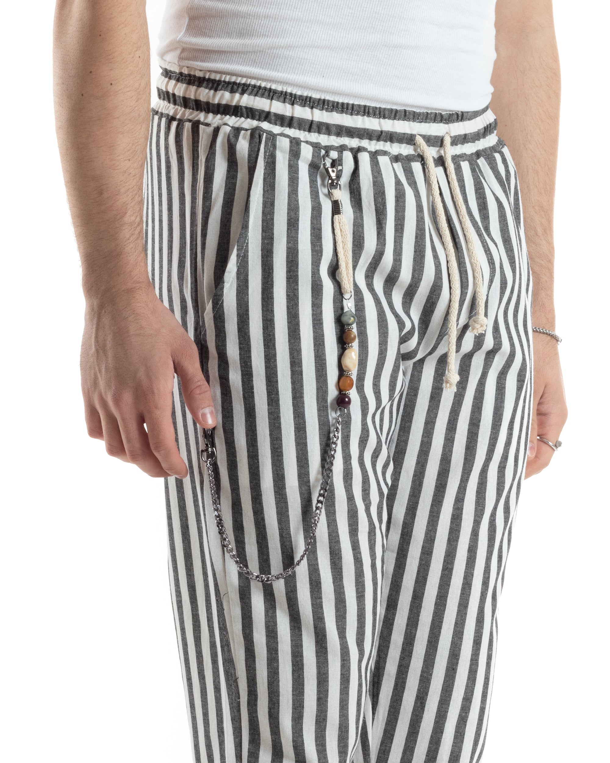 Pantaloni Uomo Pantalaccio Lino Jogger Elastico Sartoriale Casual Rigato Bicolore Bianco Nero GIOSAL-P6069A