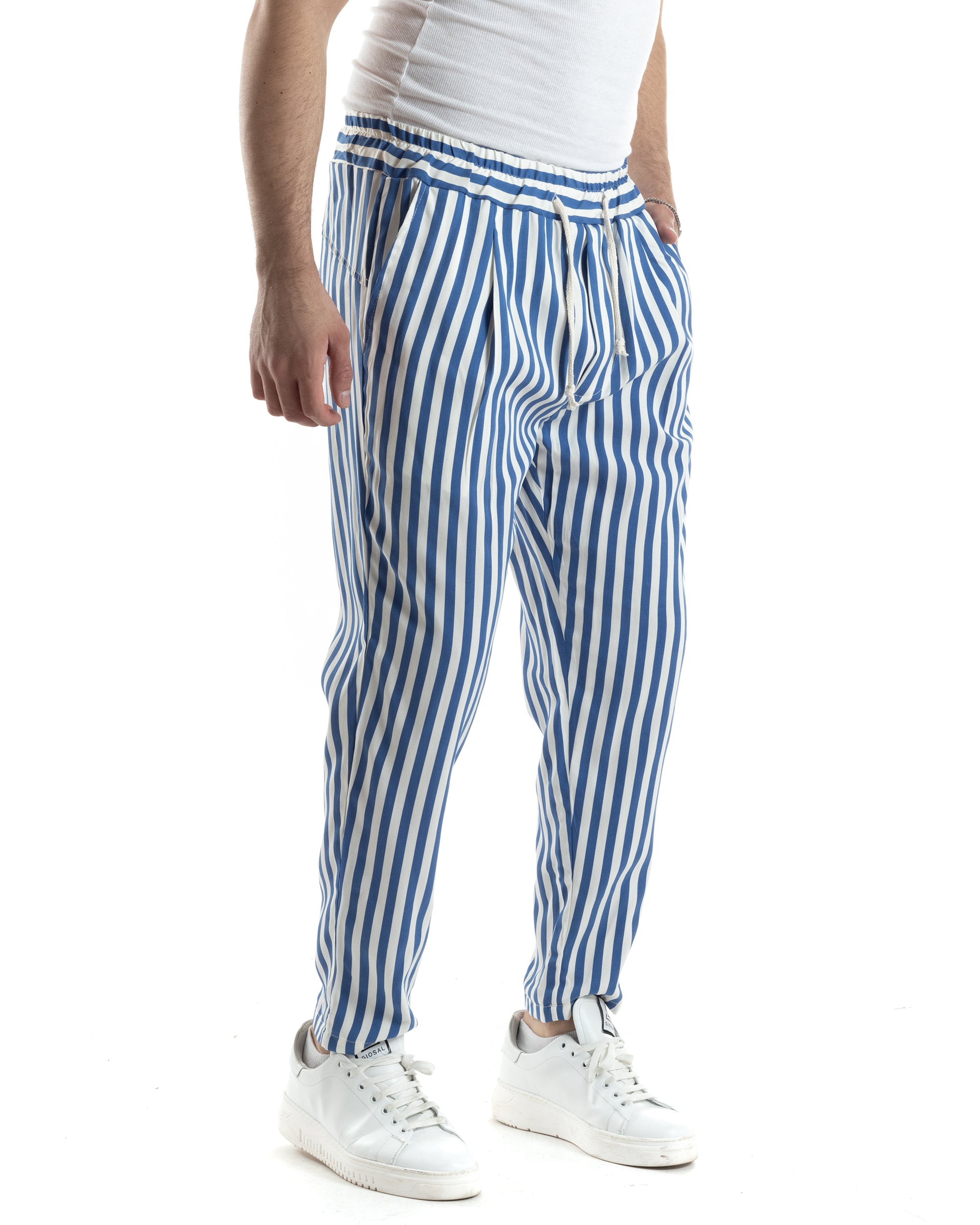 Pantaloni Uomo Pantalaccio Lungo Coulisse Elastico Cotone Viscosa Rigato Celeste GIOSAL-P6077A