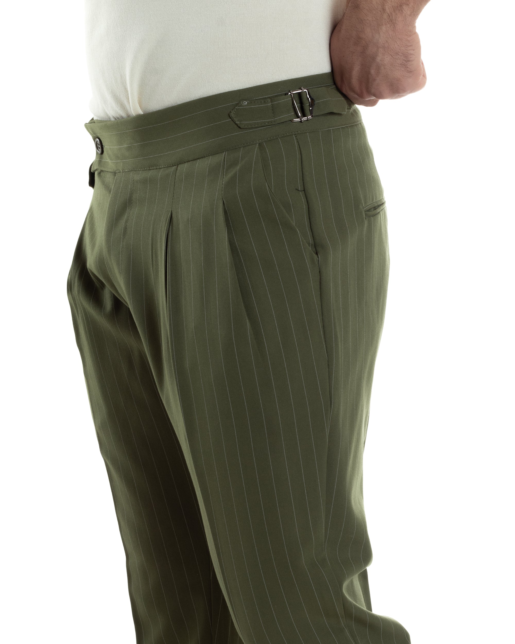 Pantaloni Uomo Classico Gessato Rigato Vita Alta Pinces Abbottonatura Allungata Fibbia Casual Verde GIOSAL-P6083A