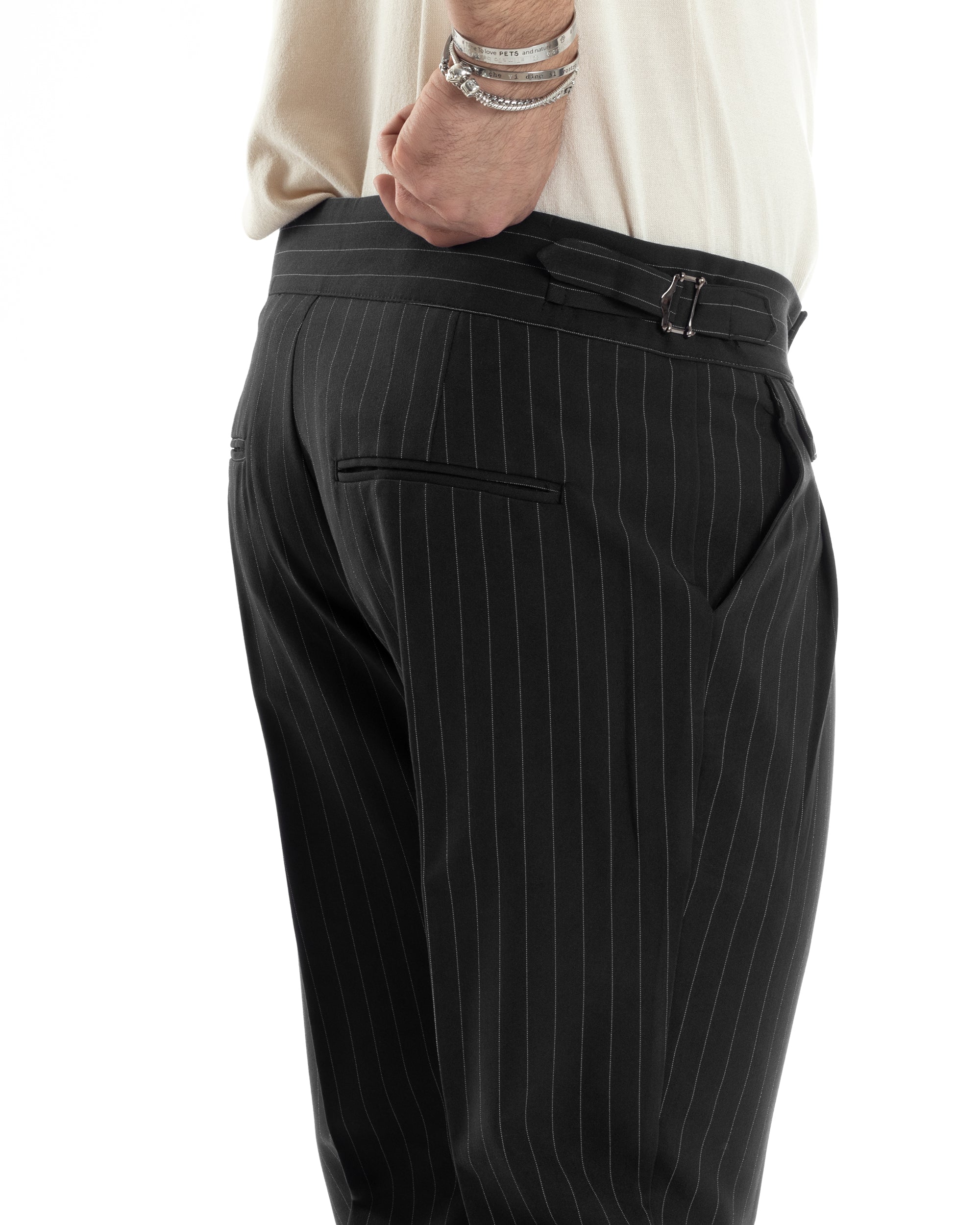 Pantaloni Uomo Classico Gessato Rigato Vita Alta Pinces Abbottonatura Allungata Fibbia Casual Nero GIOSAL-P6086A