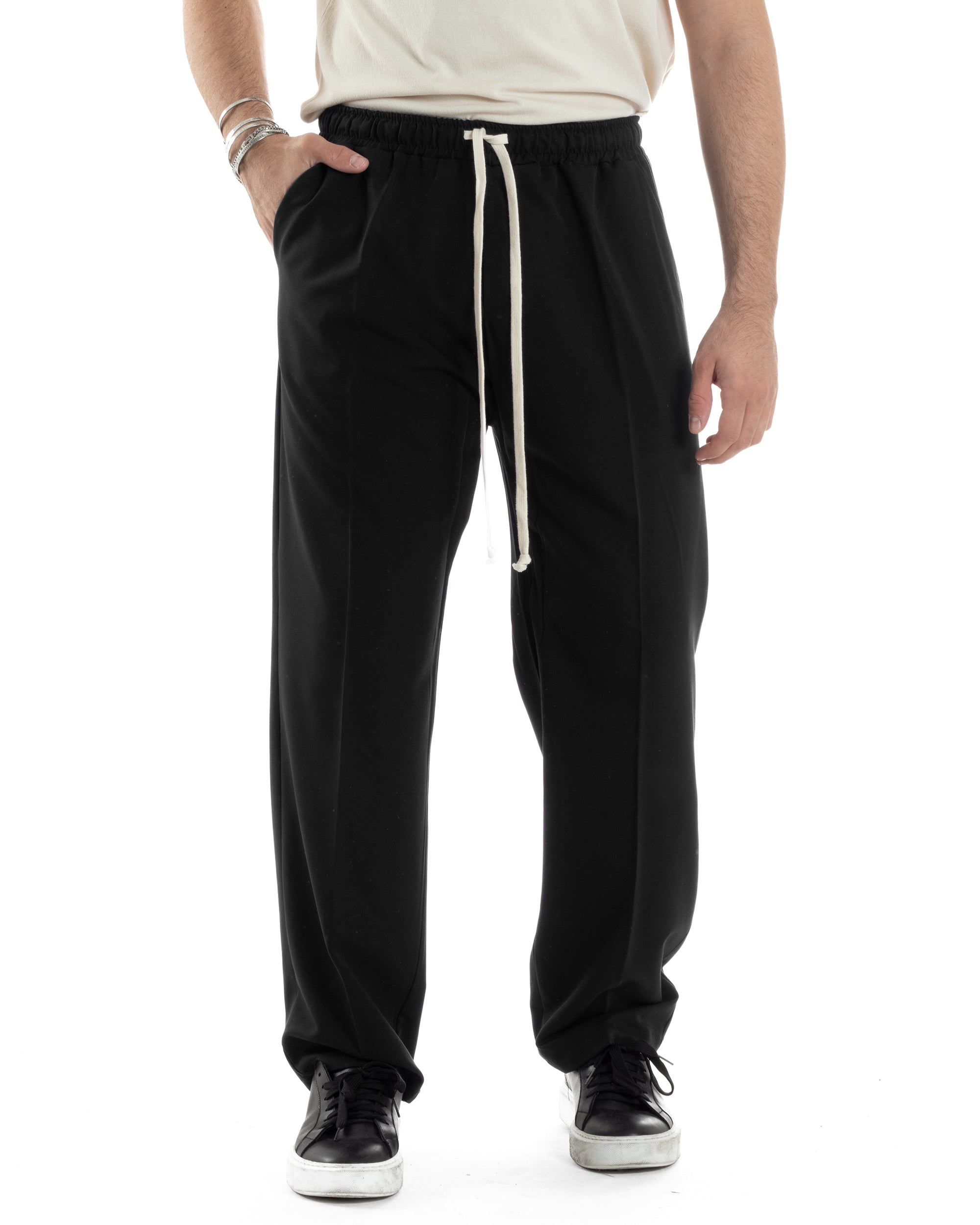 Pantalaccio Uomo Pantaloni Con Coulisse Morbido Viscosa Baggy Fondo Largo Comodo Nero GIOSAL-P6134A