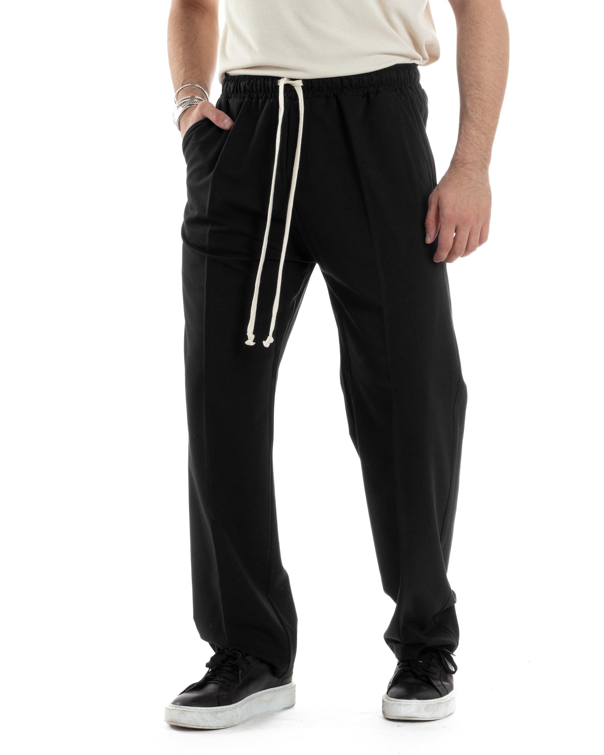 Pantaloni Uomo Pantalaccio Morbido Viscosa Baggy Nero Coulisse Fondo Largo GIOSAL-P6089A