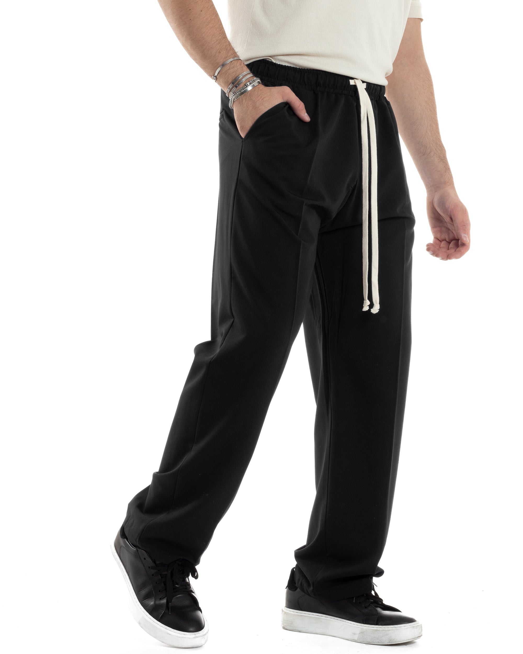 Pantaloni Uomo Pantalaccio Morbido Viscosa Baggy Coulisse Fondo Largo Nero GIOSAL-P6089A