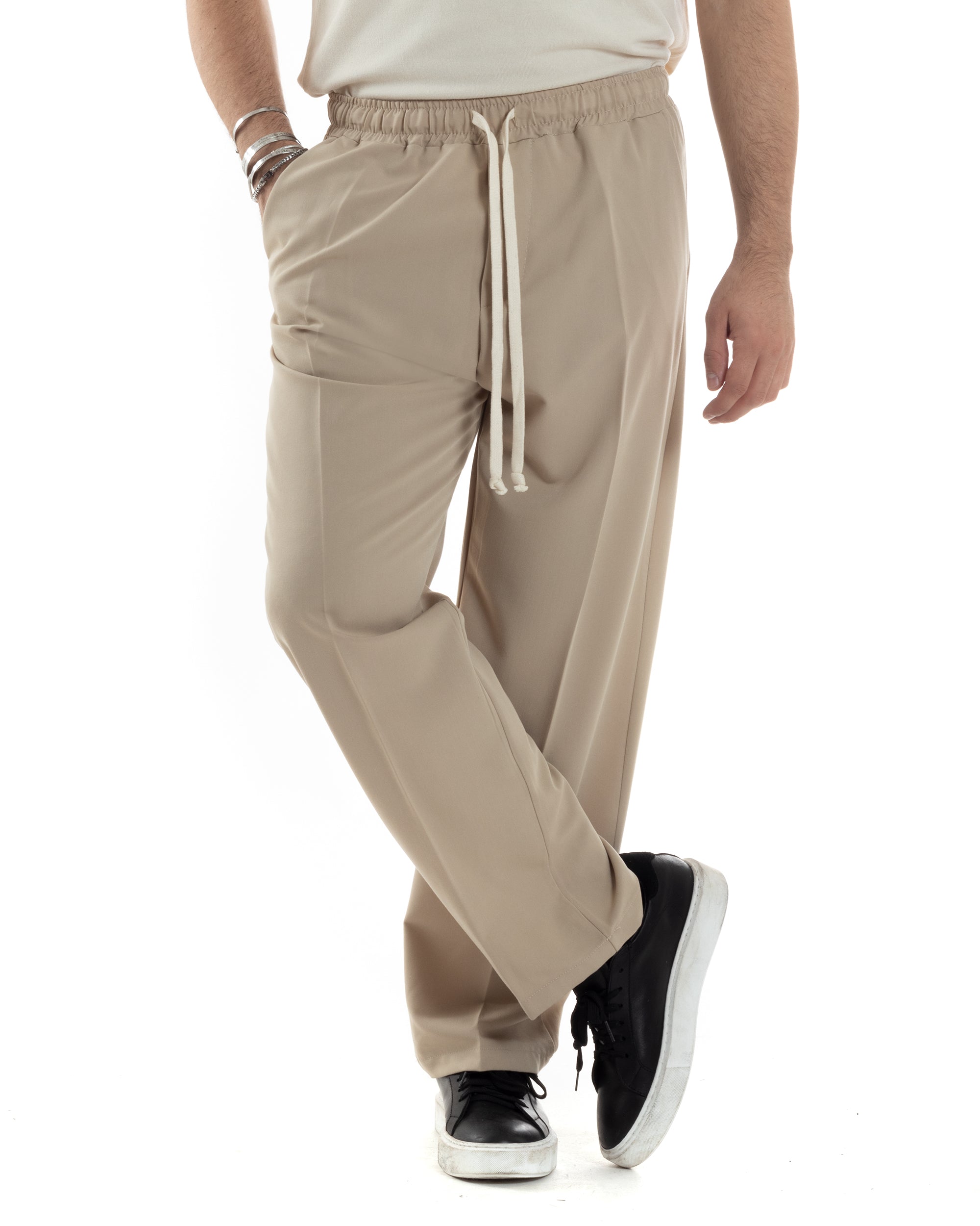 Pantaloni Uomo Pantalaccio Morbido Viscosa Baggy Beige Coulisse Fondo Largo GIOSAL-P6090A