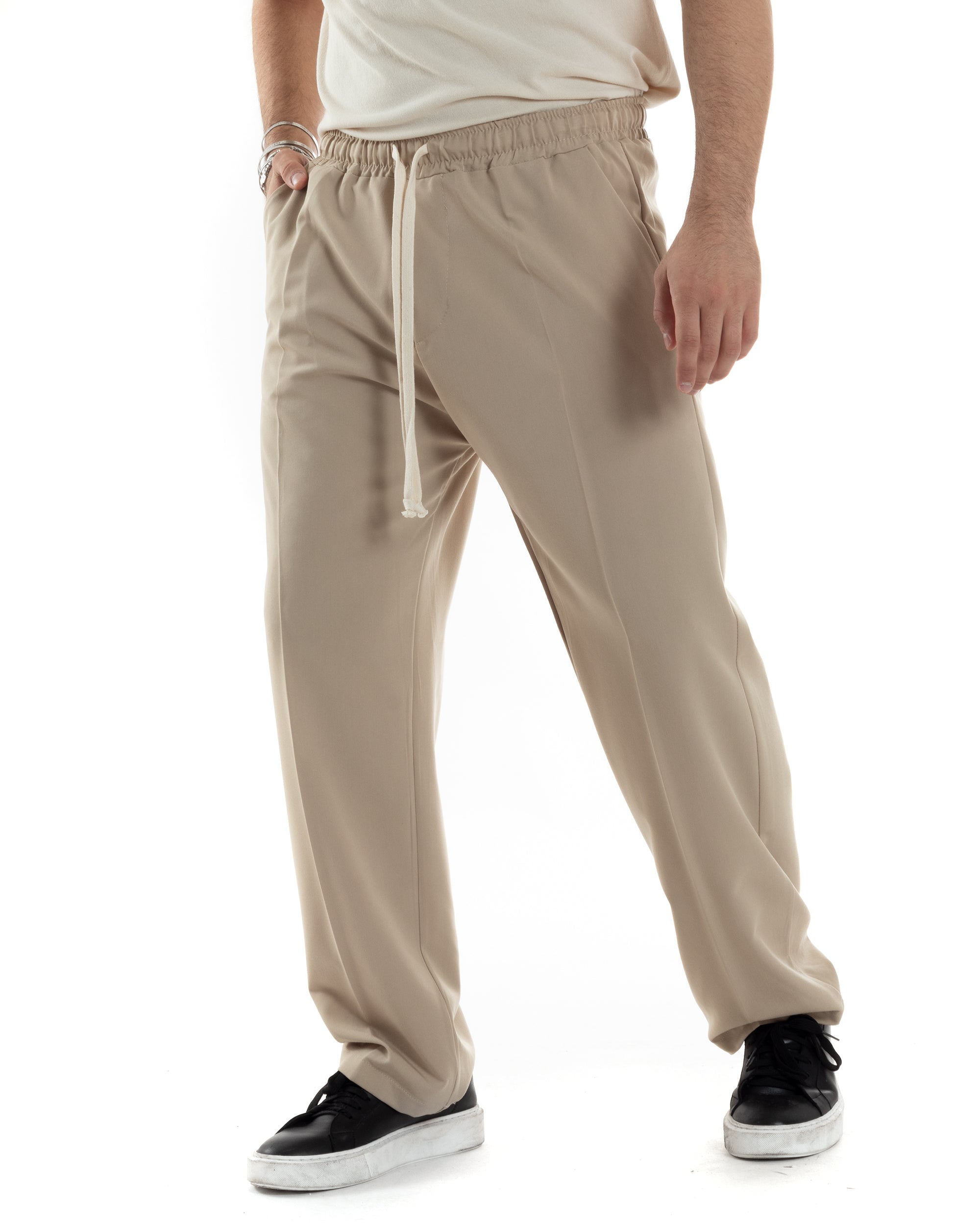 Pantaloni Uomo Pantalaccio Morbido Viscosa Baggy Beige Coulisse Fondo Largo GIOSAL-P6090A