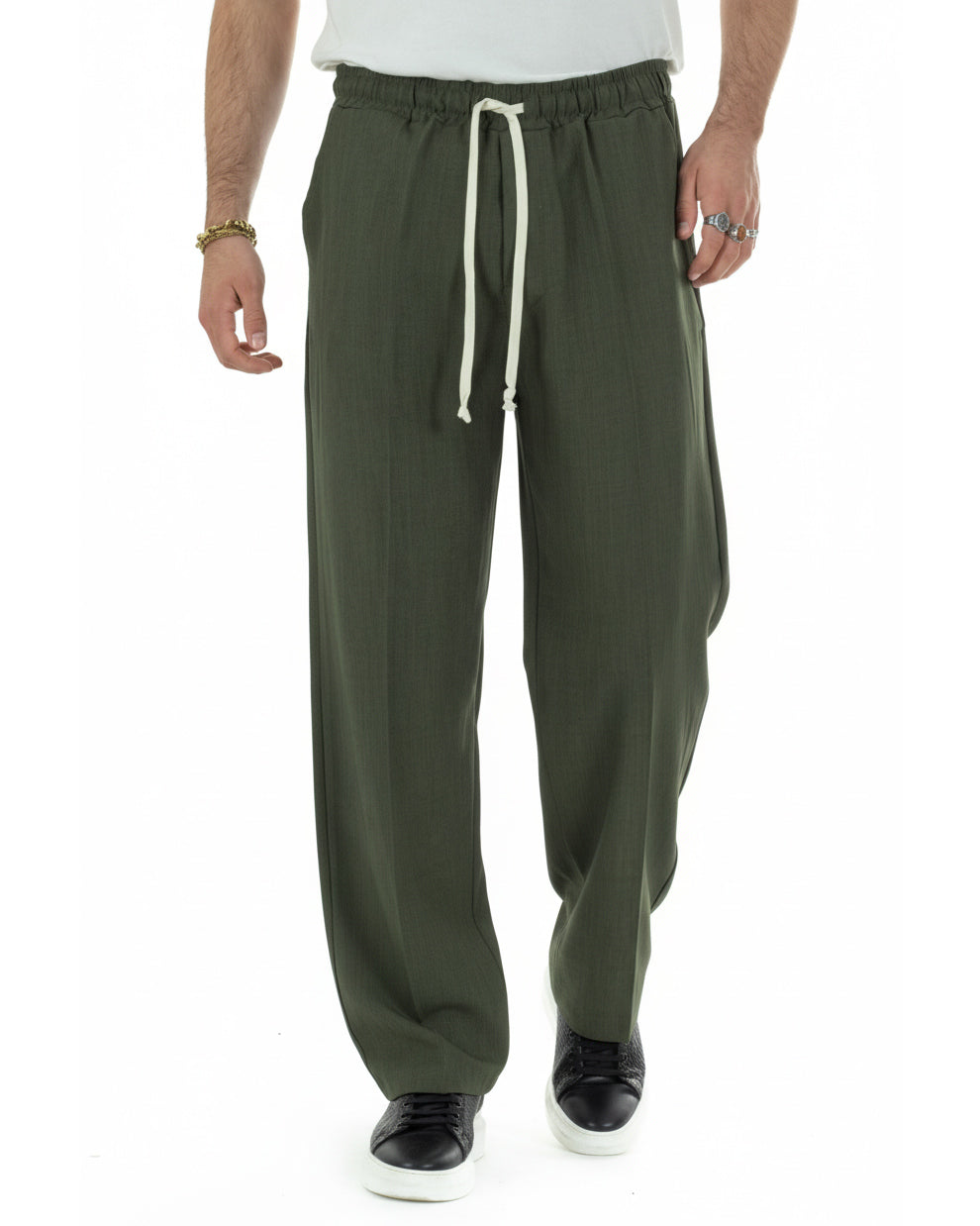 Pantaloni uomo verde baggy viscosa fondo largo con coulisse casual