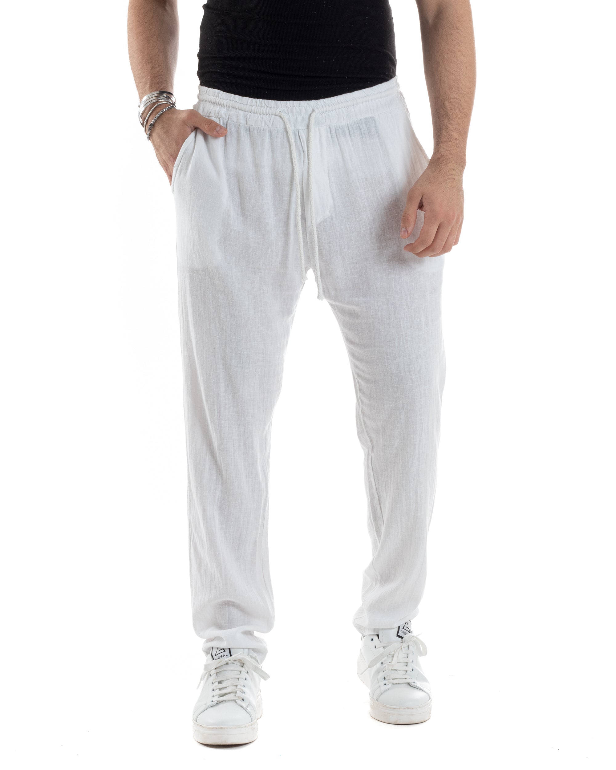 Pantaloni Uomo Lino Pantalaccio Lungo Con Elastico Regular Fit Con Coulisse Tinta Unita Bianco Casual GIOSAL-P6095A