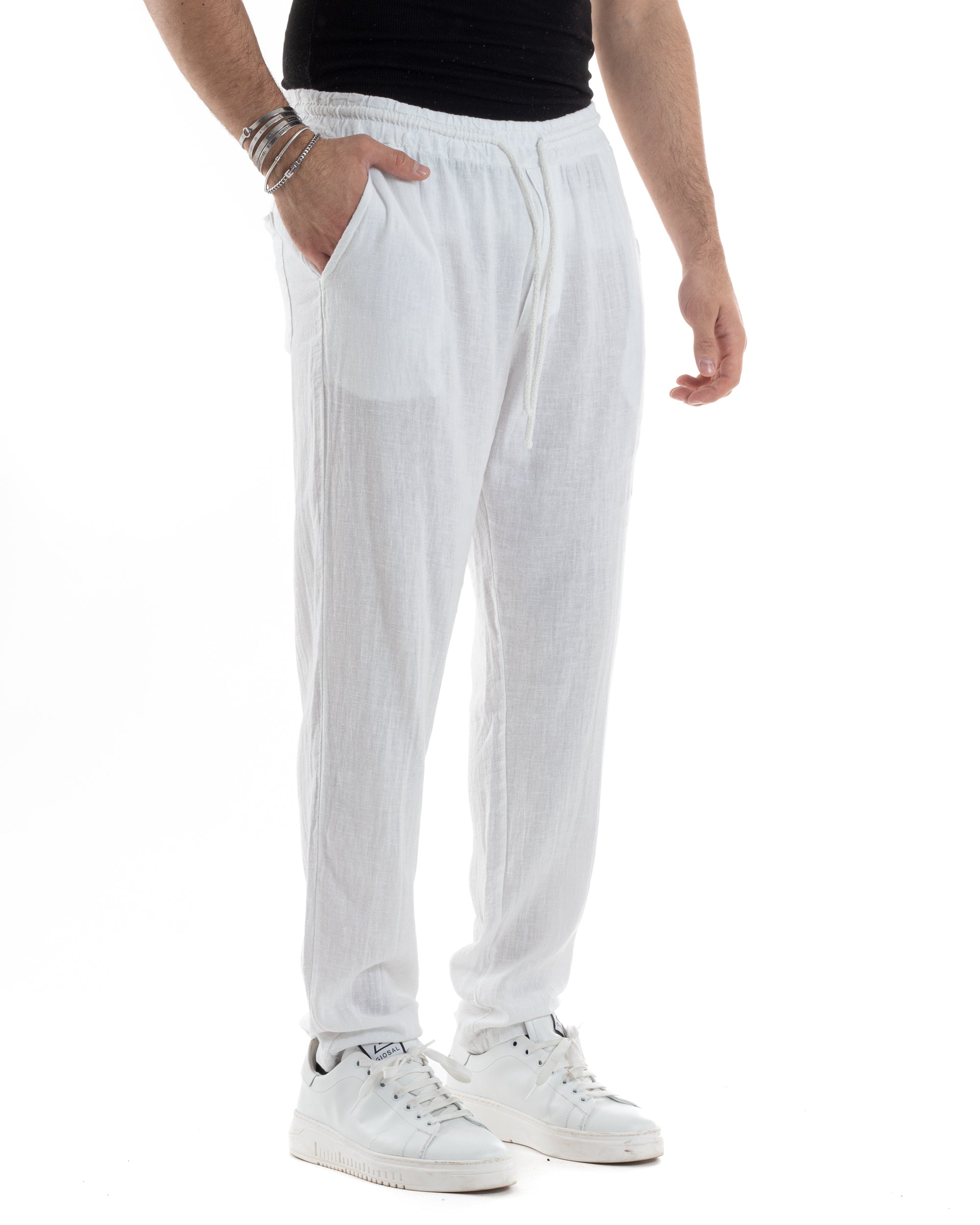 Pantaloni Uomo Lino Pantalaccio Lungo Con Elastico Regular Fit Con Coulisse Tinta Unita Bianco Casual GIOSAL-P6095A