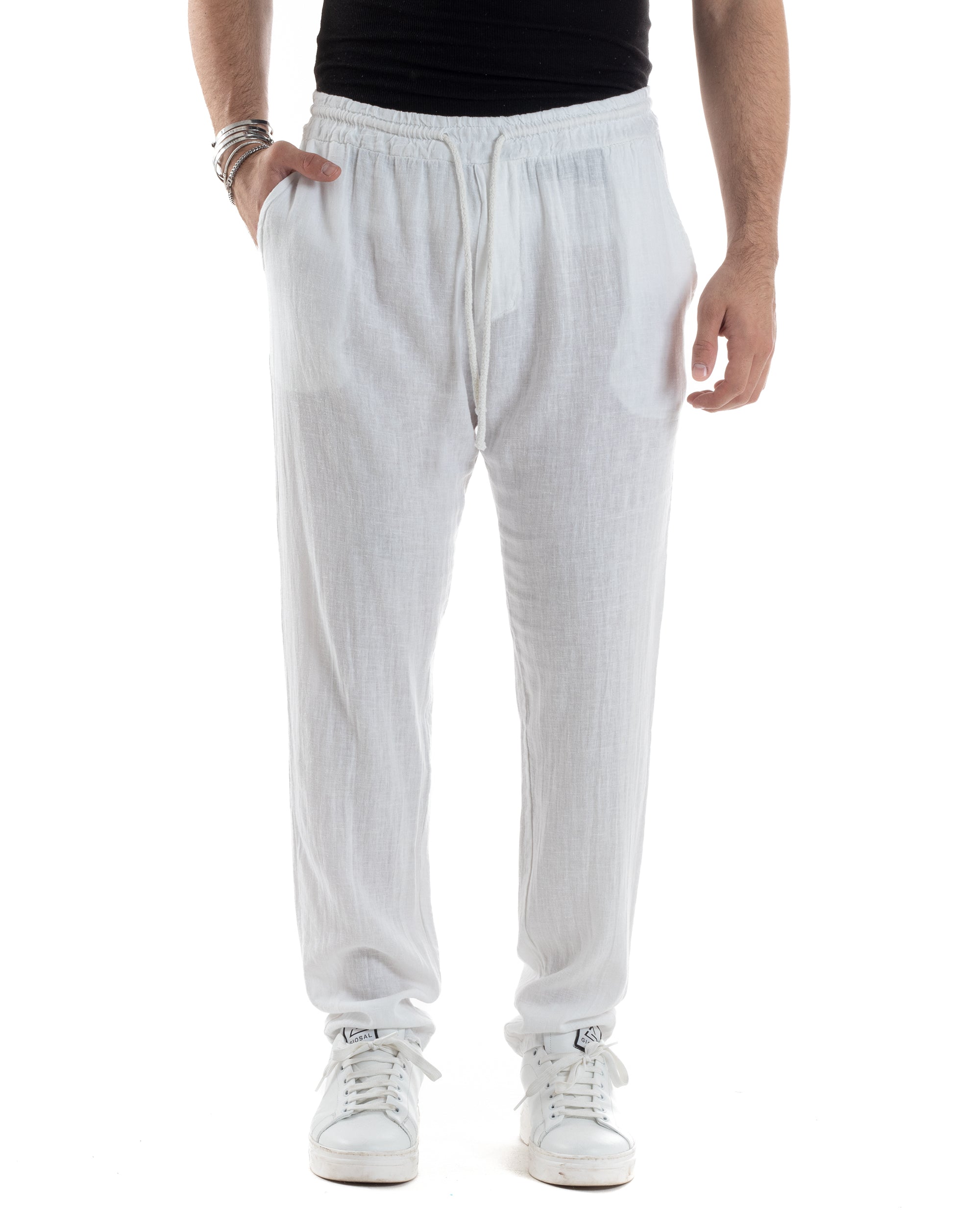 Pantaloni Uomo Lino Pantalaccio Lungo Elastico Regular Fit Tinta Unita Bianco Casual GIOSAL-P6095A