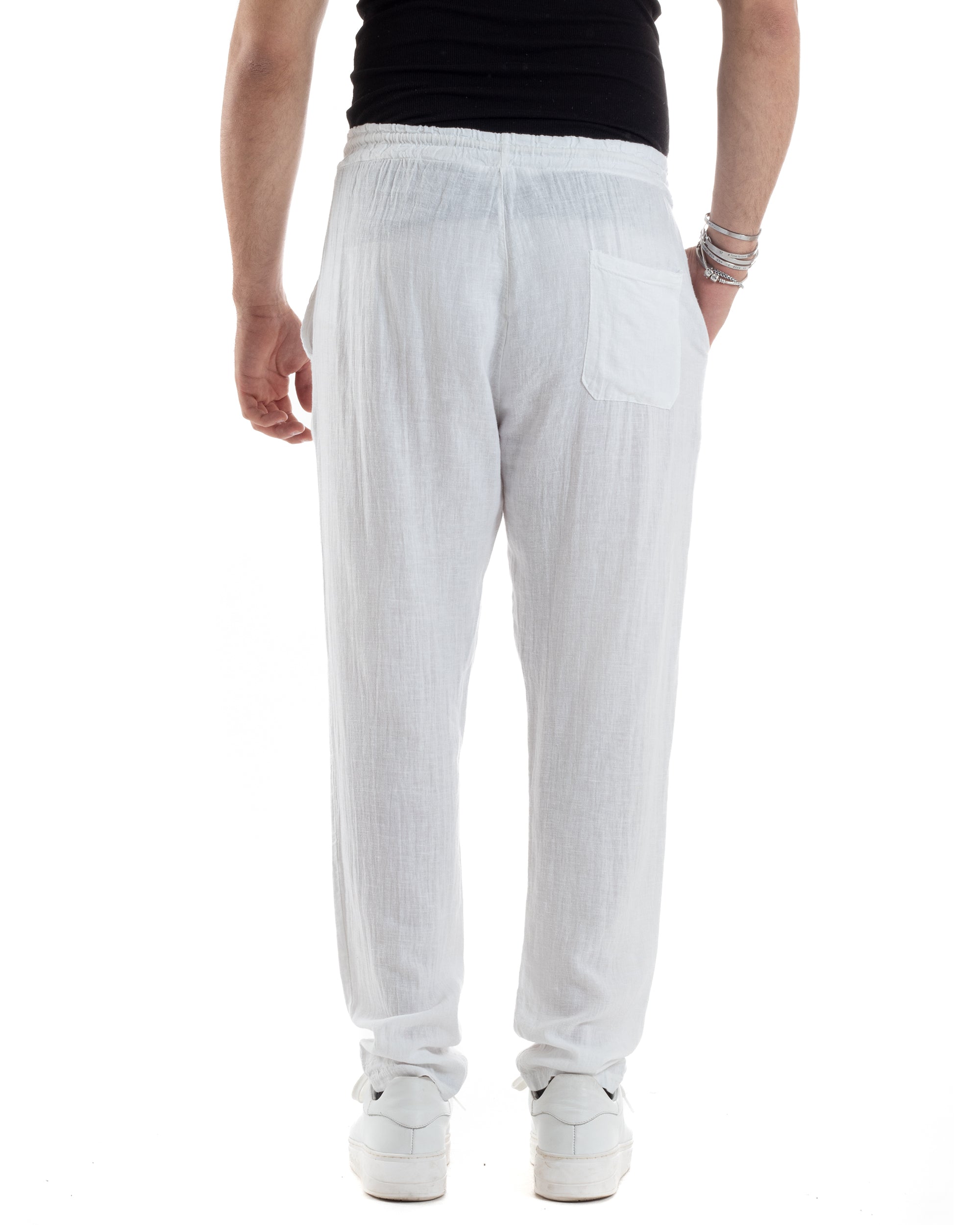 Pantaloni Uomo Lino Pantalaccio Lungo Con Elastico Regular Fit Con Coulisse Tinta Unita Bianco Casual GIOSAL-P6095A