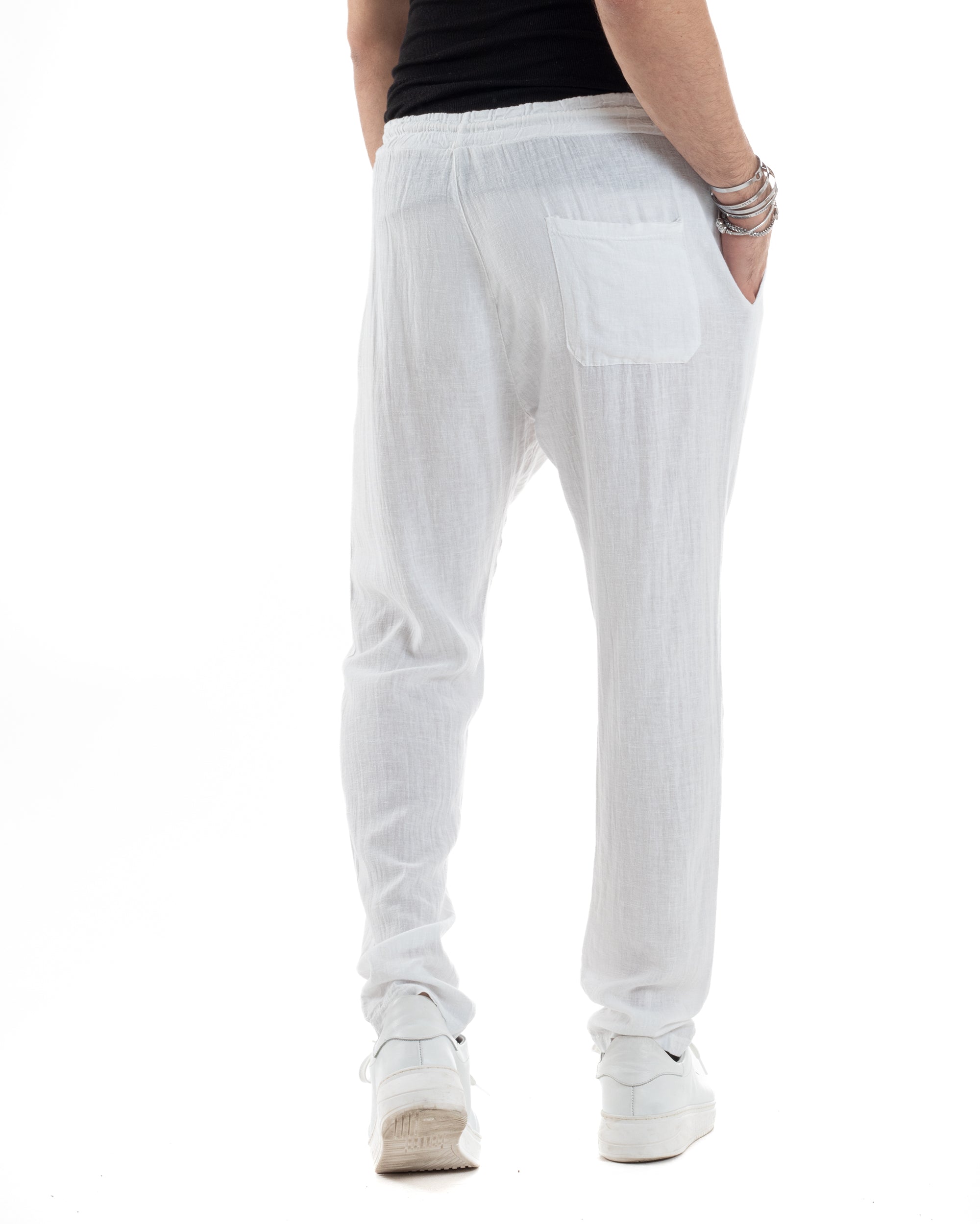 Pantaloni Uomo Lino Pantalaccio Lungo Con Elastico Regular Fit Con Coulisse Tinta Unita Bianco Casual GIOSAL-P6095A