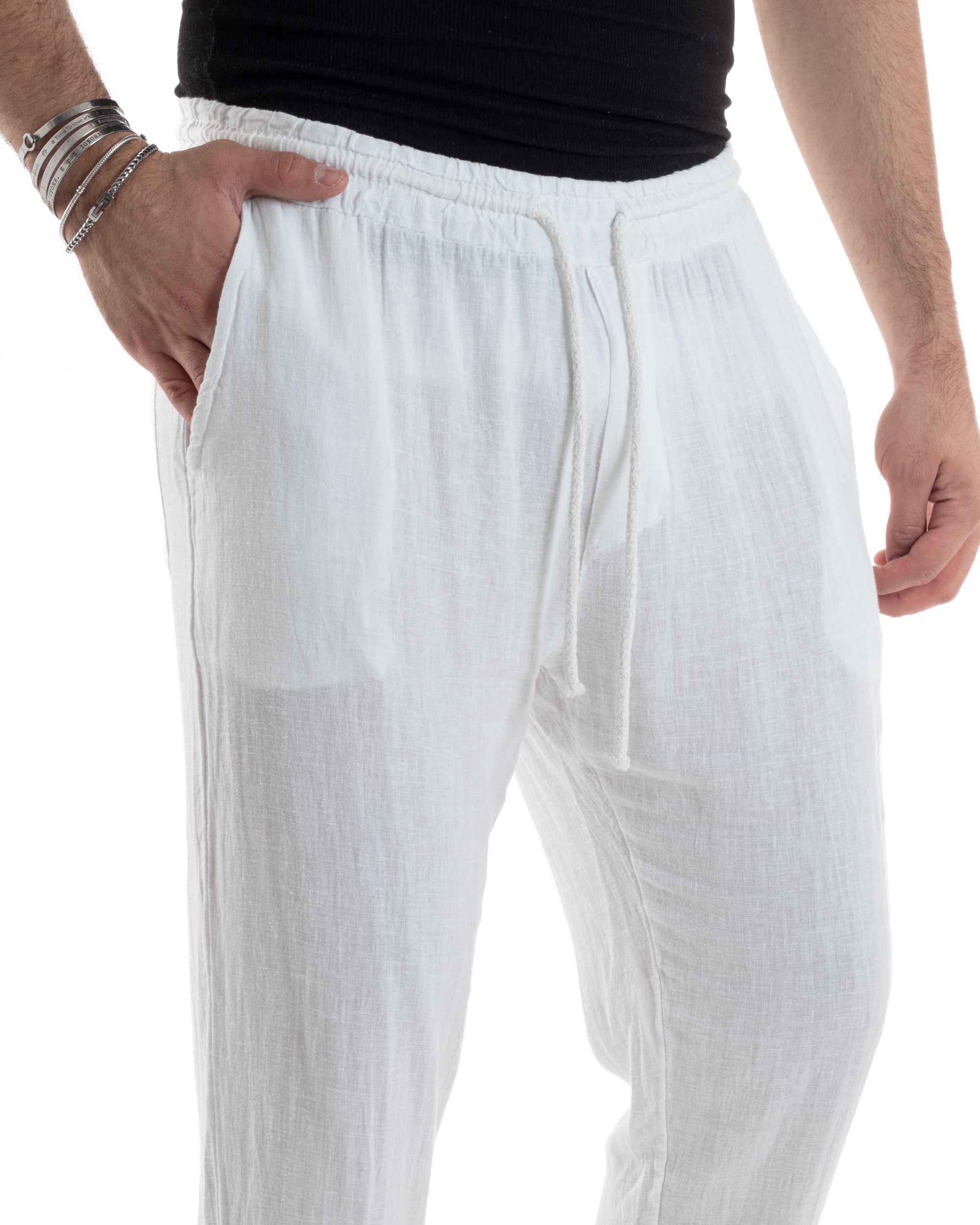 Pantaloni Uomo Lino Pantalaccio Lungo Elastico Regular Fit Tinta Unita Bianco Casual GIOSAL-P6095A