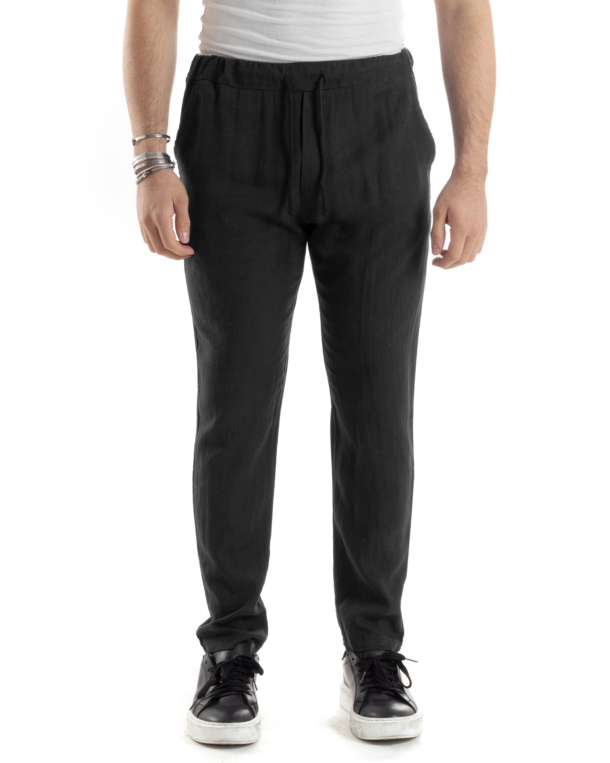 Pantaloni Uomo Lino Pantalaccio Lungo Con Elastico Regular Fit Con Coulisse Tinta Unita Nero Casual GIOSAL-P6096A
