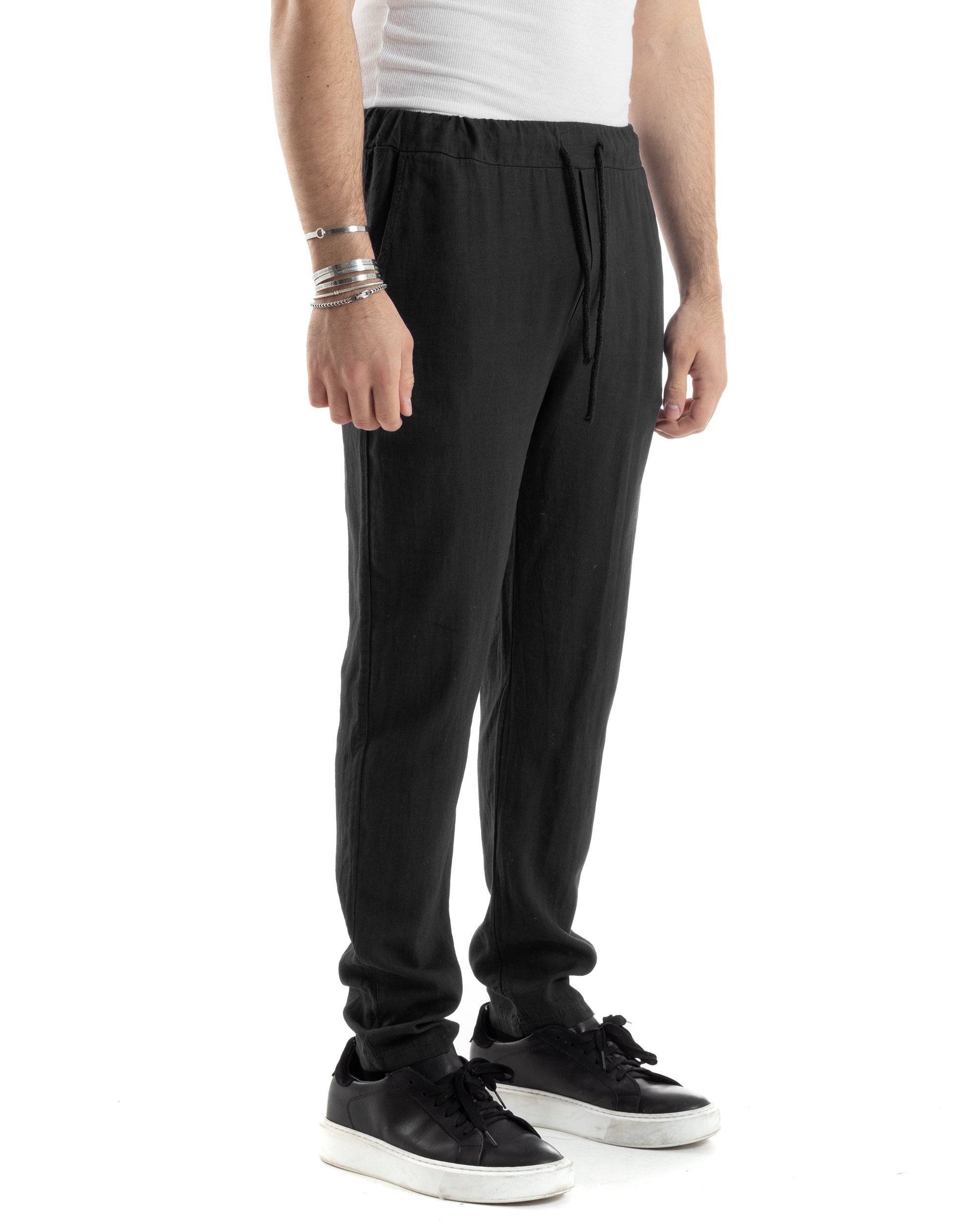 Pantaloni Uomo Lino Pantalaccio Lungo Con Elastico Regular Fit Con Coulisse Tinta Unita Nero Casual GIOSAL-P6096A